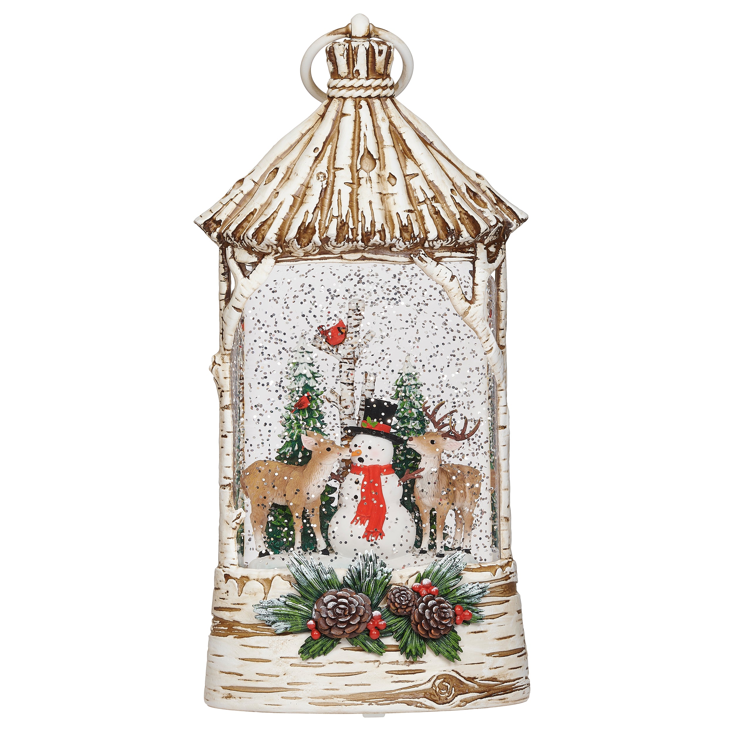 Lighted Swirl Birch-Look Lantern with Snowman and Deer Scene - Confetti Lites