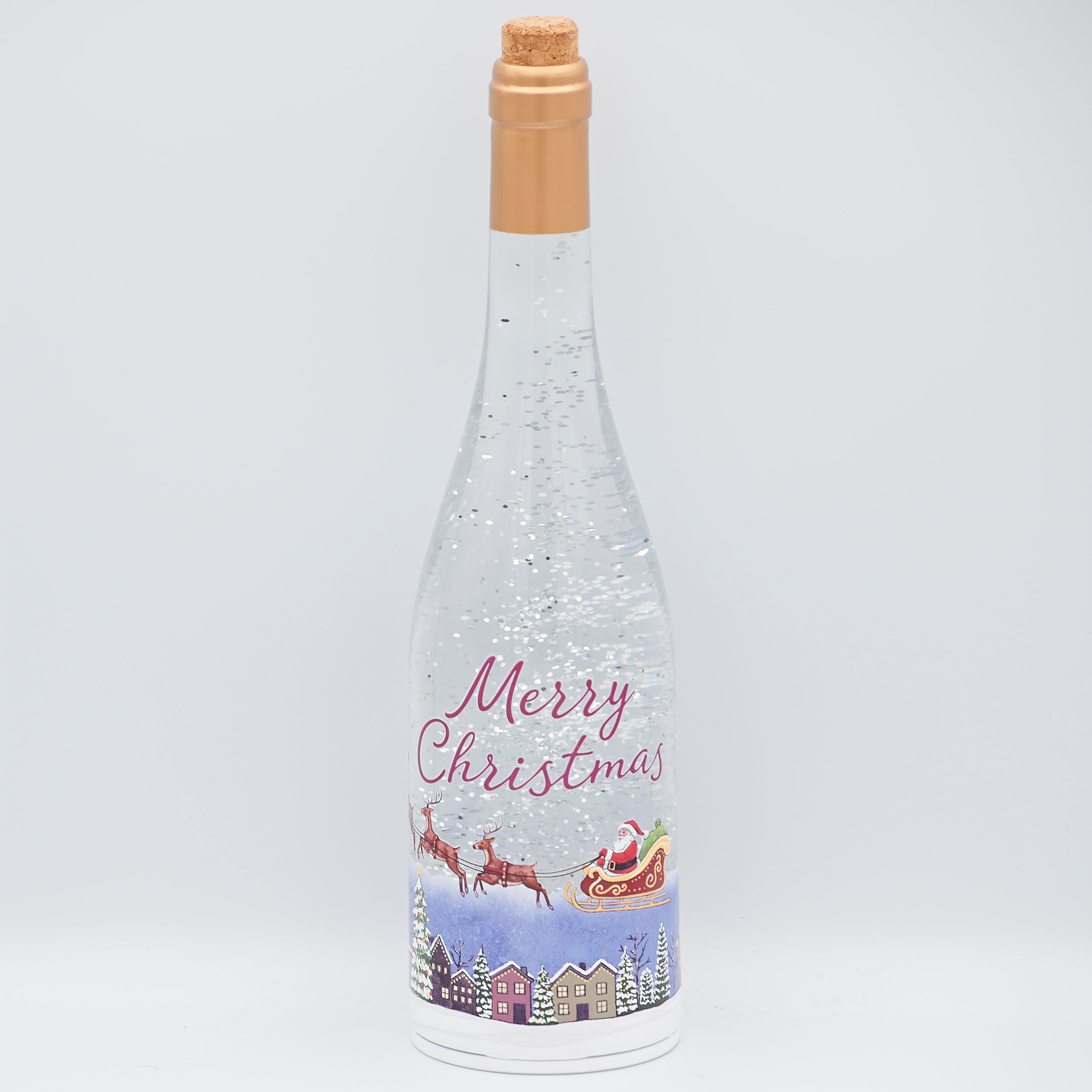 Confetti Lites Lighted Swirl Wine Bottle with Santa Flying Over Town