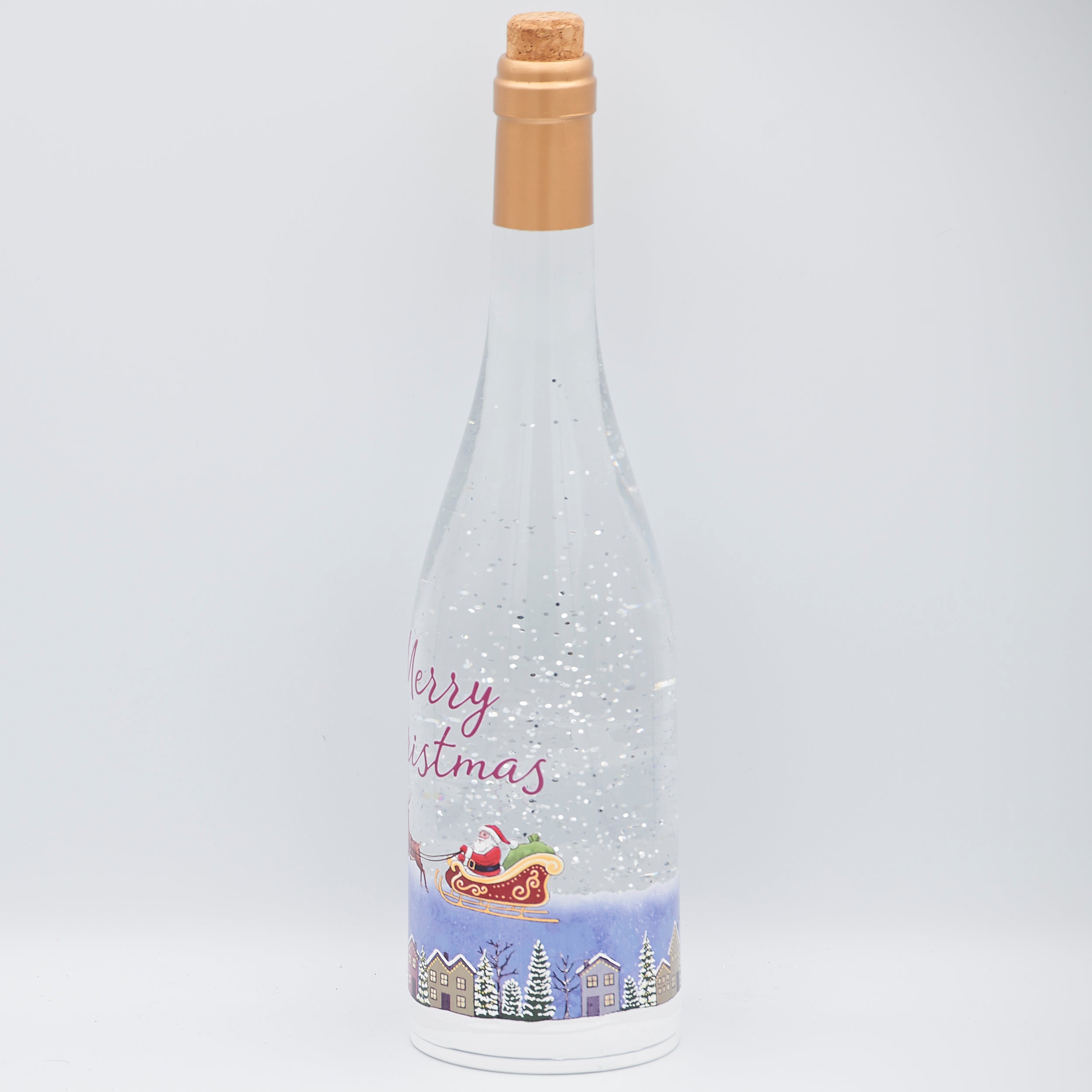 Confetti Lites Lighted Swirl Wine Bottle with Santa Flying Over Town