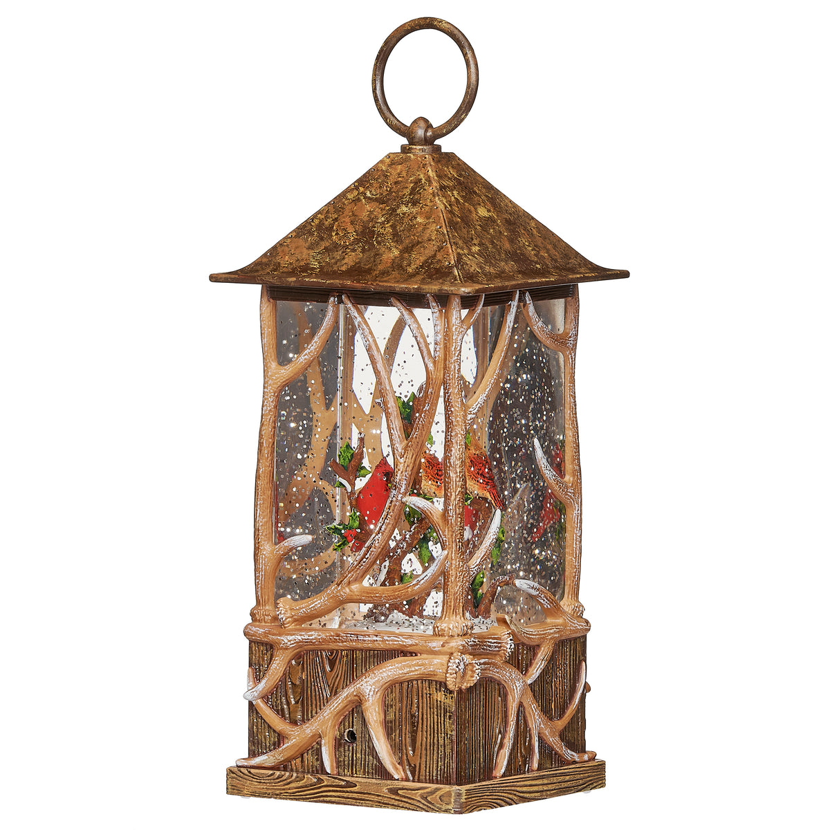 Angled view of cardinal lantern showing glitter-filled panels and antler details around the base.