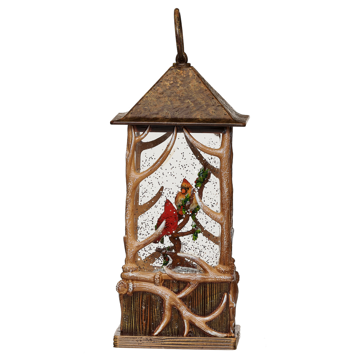 Opposite side view of cardinal antler lantern showing the bird scene and textured brown base.