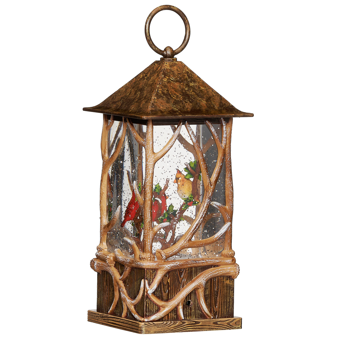 Angled view of cardinal antler lantern showing adjoining clear panels and antler-style trim.