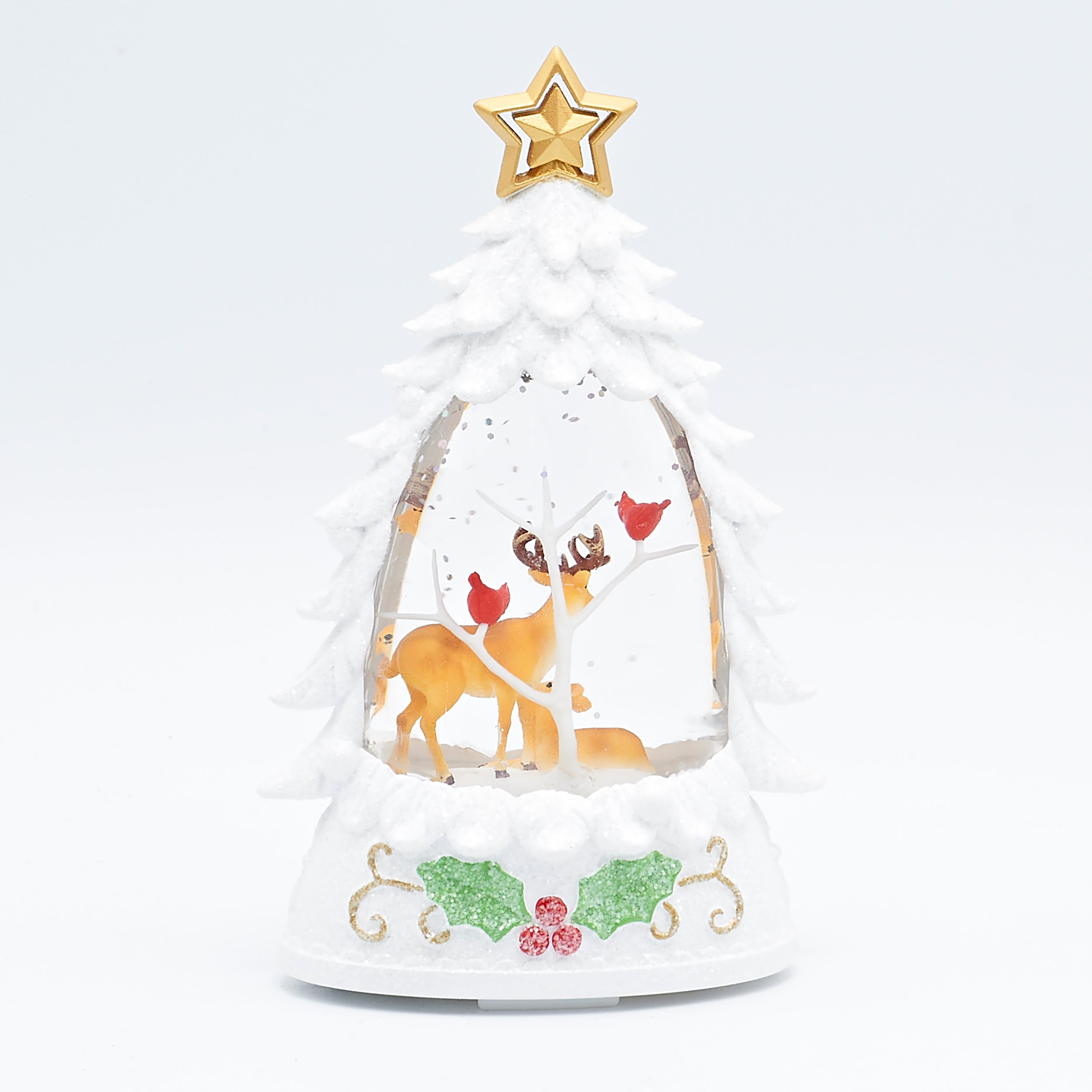 Decorative Christmas tree with reindeer and birds on a white background