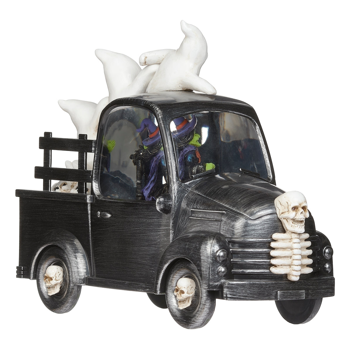 Opposite front view of Halloween truck showing the windshield, skull grille accent, and ghosts rising above the roof.