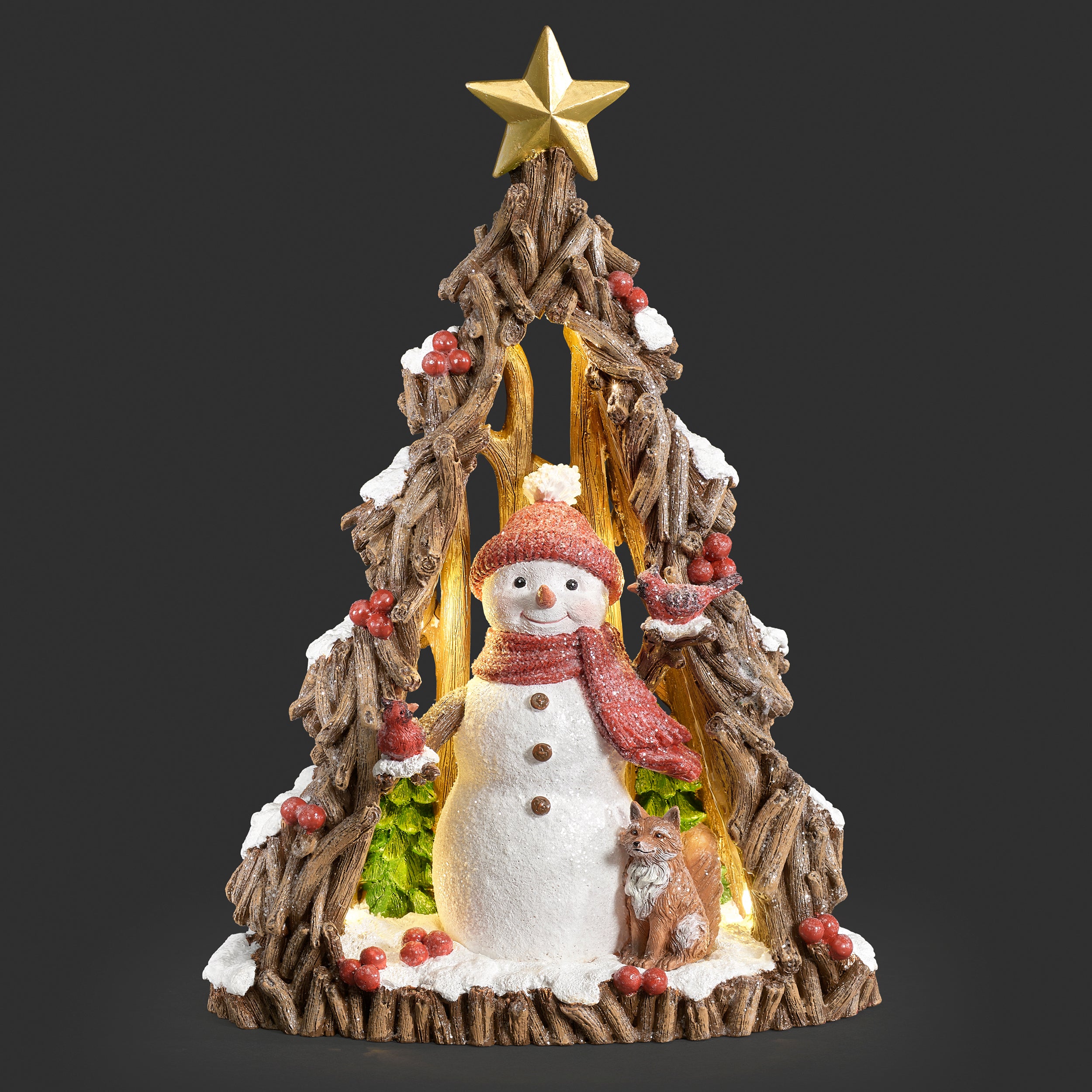 Lighted Snowman & Fox Carved Tree