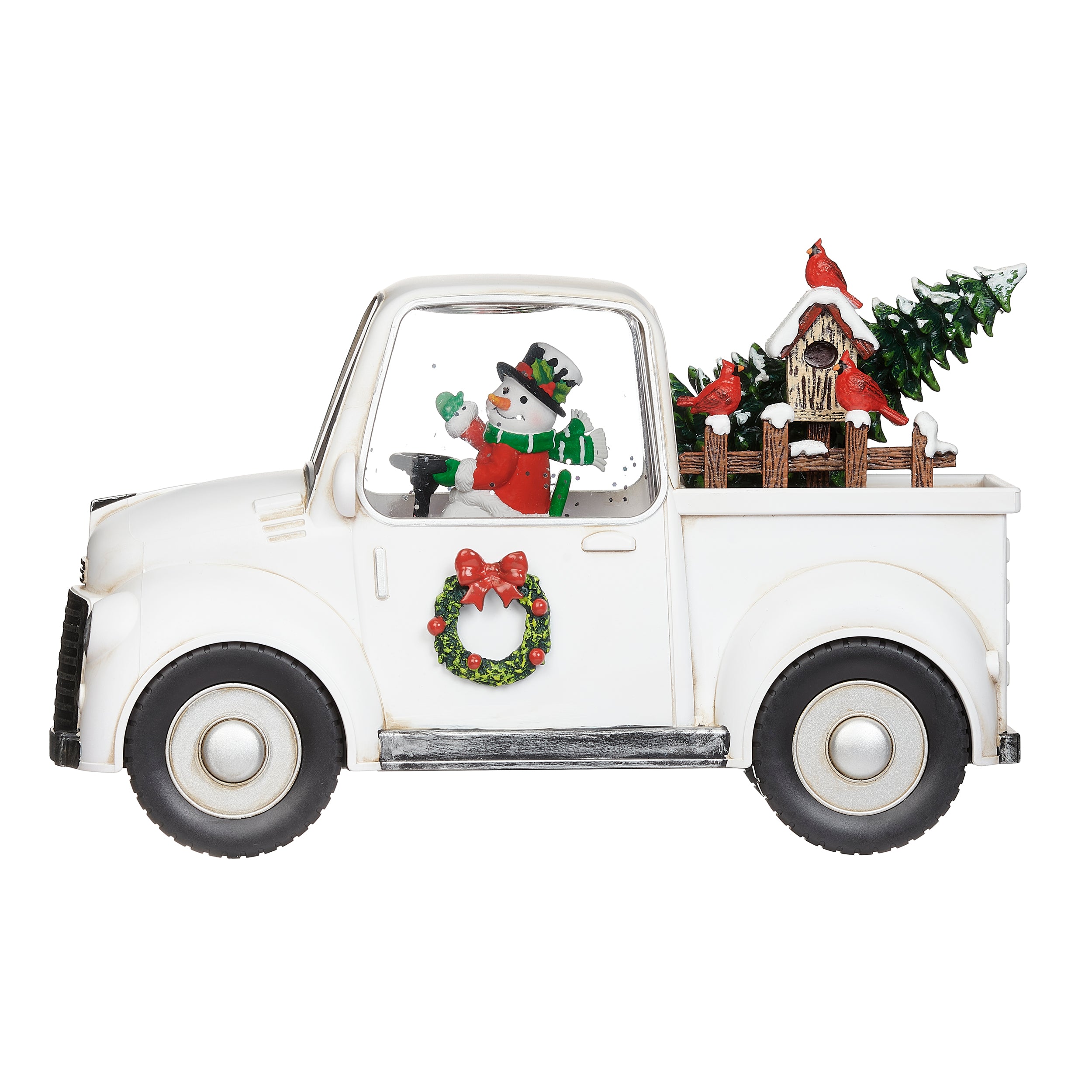 Confetti Lites Lighted Swirl White Truck with Snowman Driving & Cardinals on a Tree