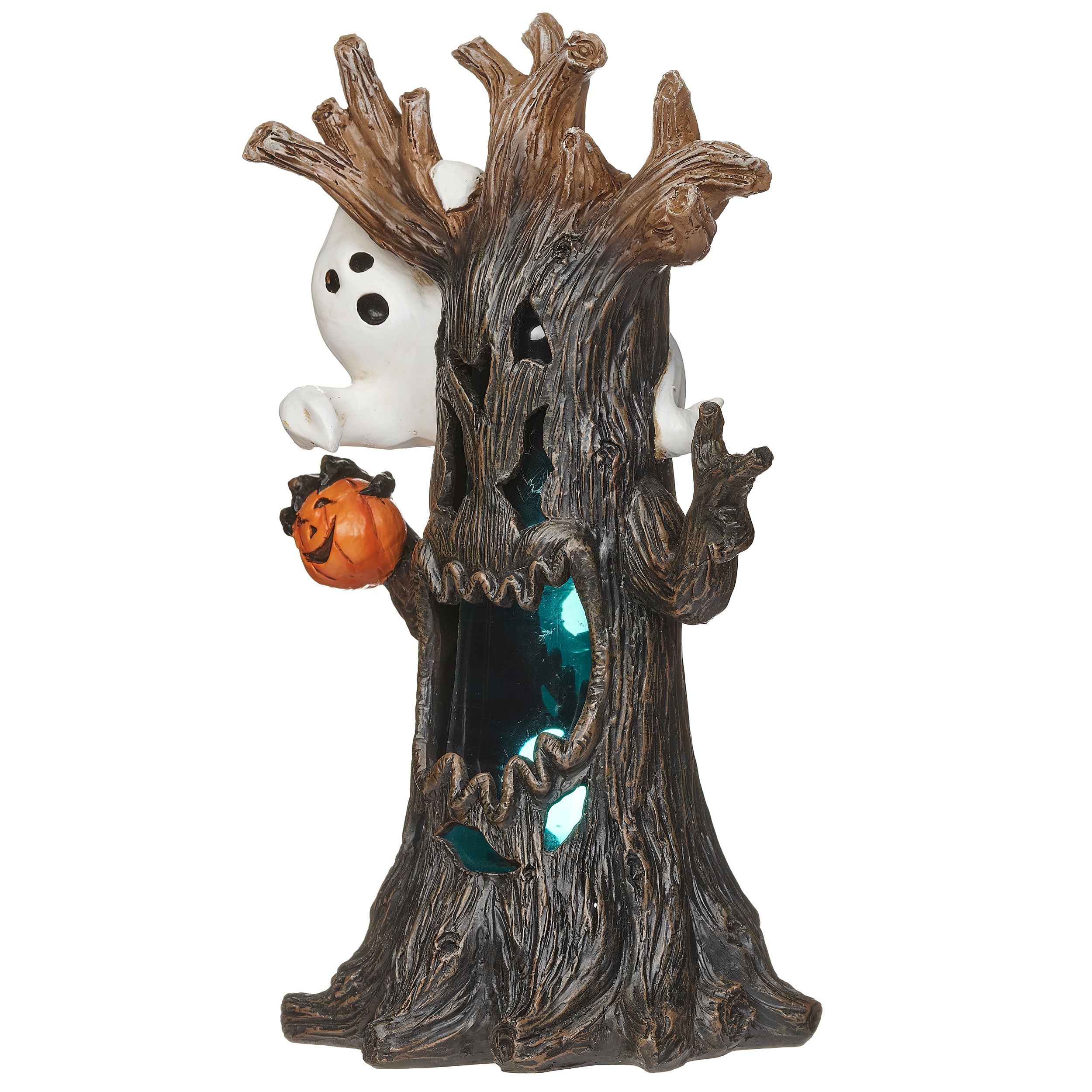 Halloween-themed decorative tree with a ghost and pumpkin
