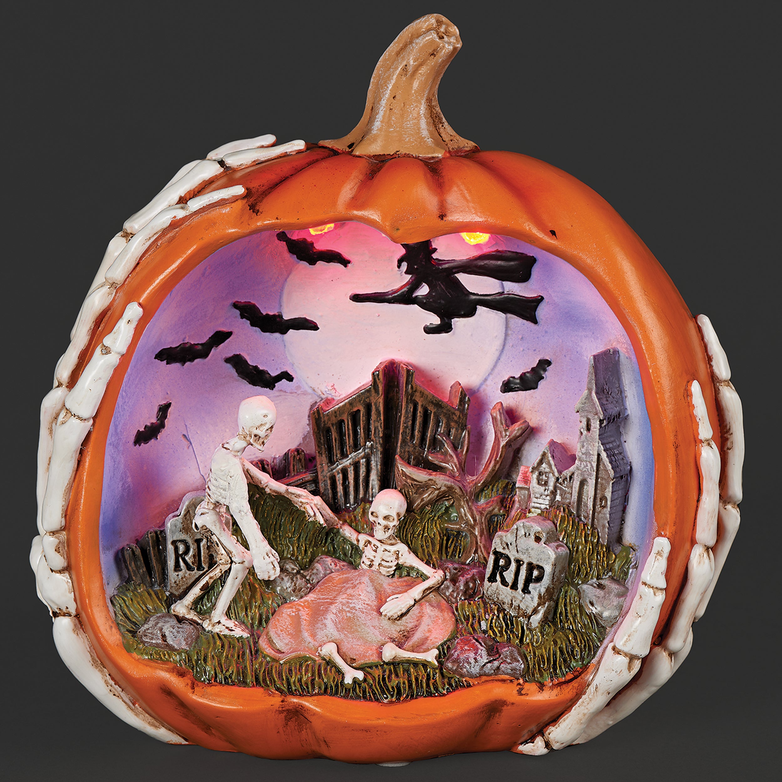 Lighted Orange Pumpkin with Graveyard Scene