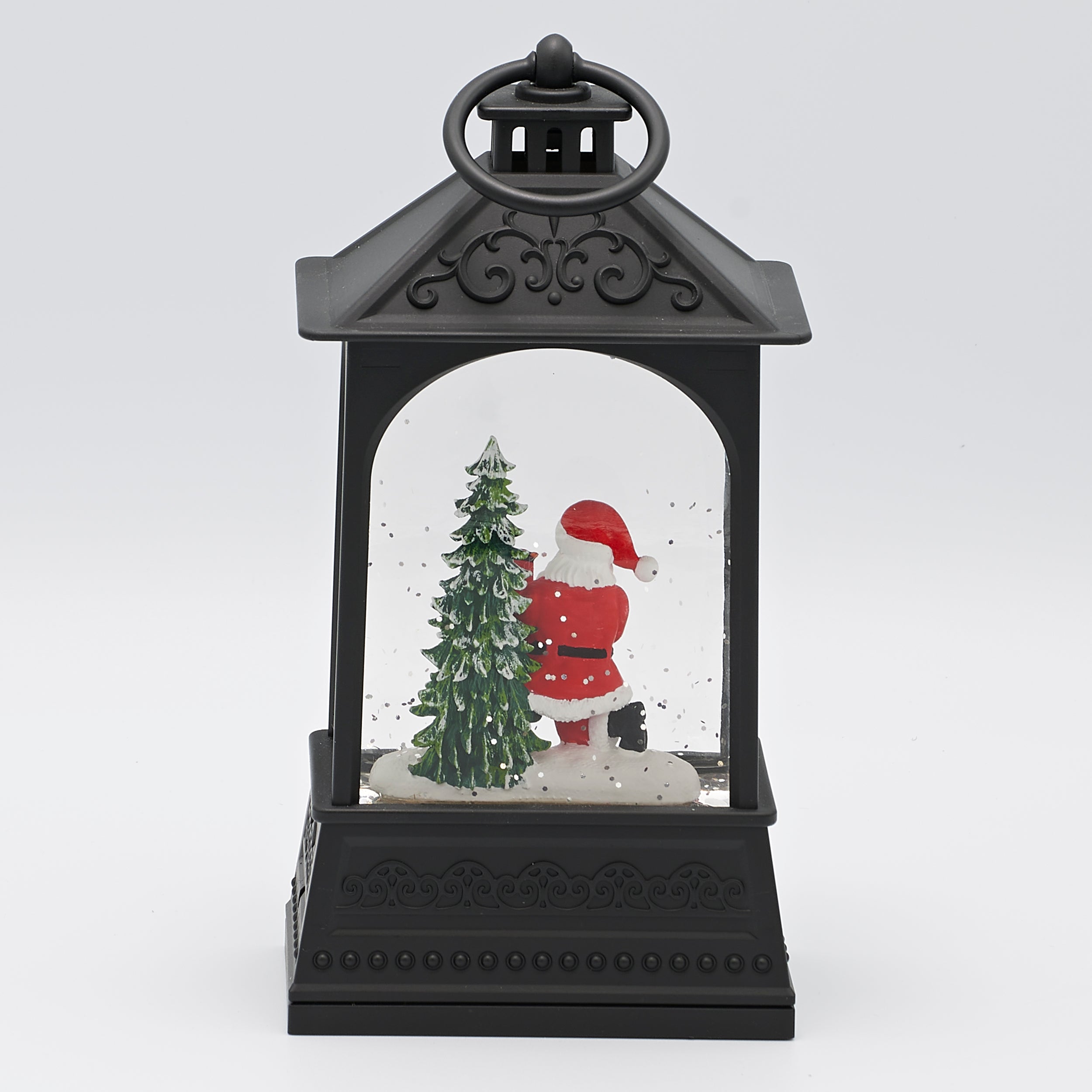 Confetti Lites Lighted Swirl Vintage Black Lantern with Santa & Cardinal