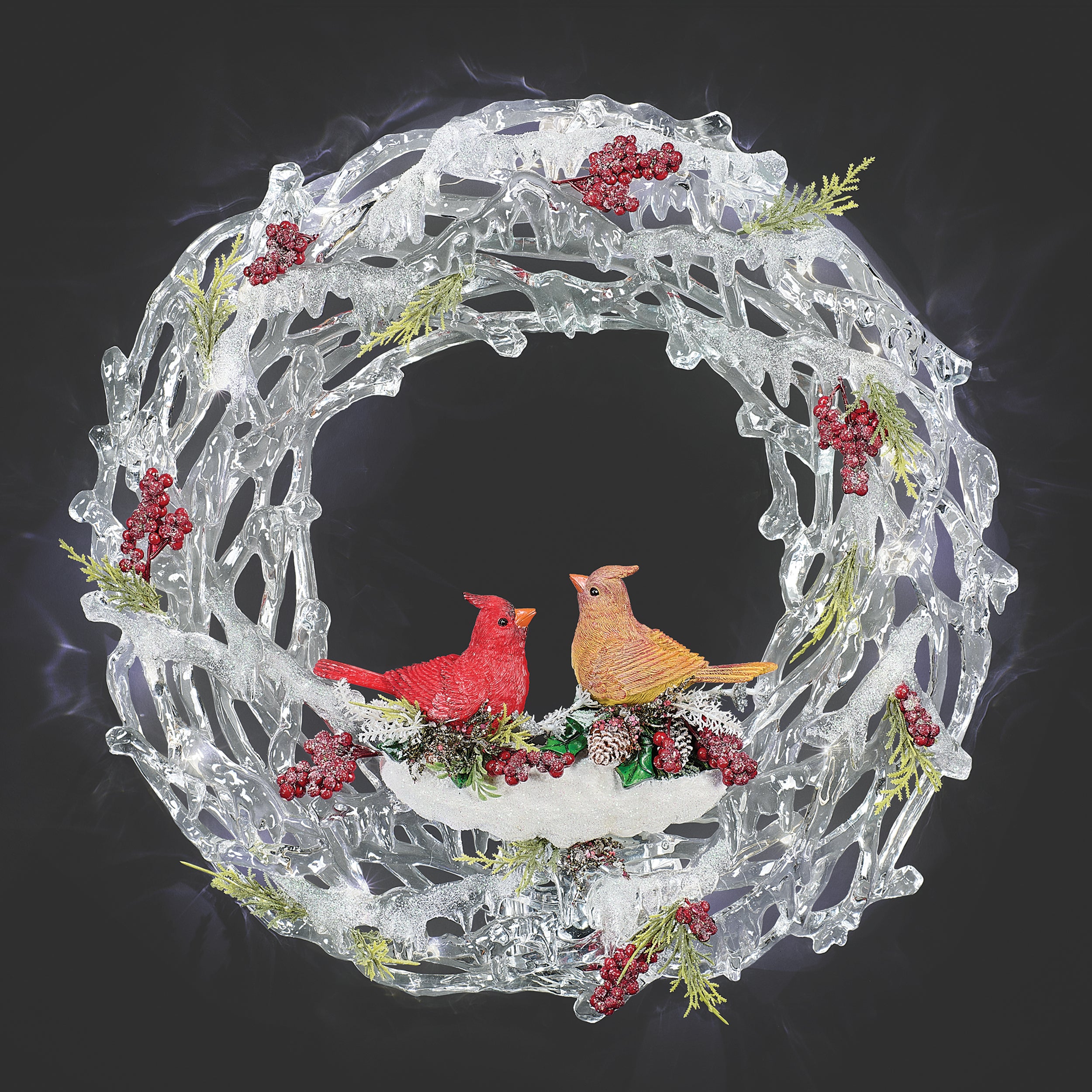 Lighted Acrylic Wreath with Cardinals