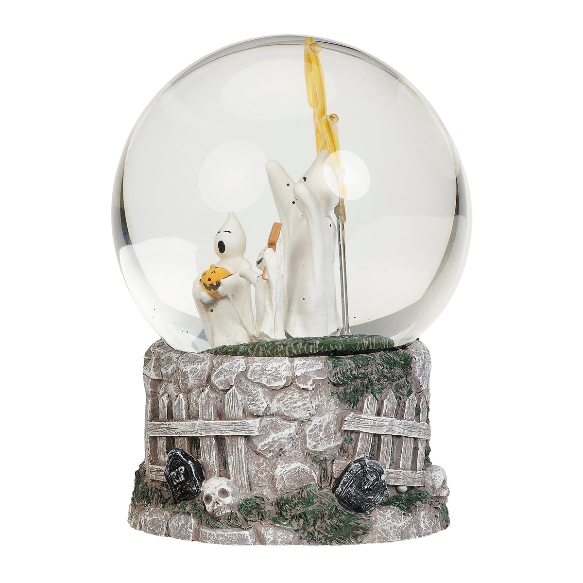Opposite side view of ghost snow globe showing the figures in profile and the fence-patterned graveyard base.