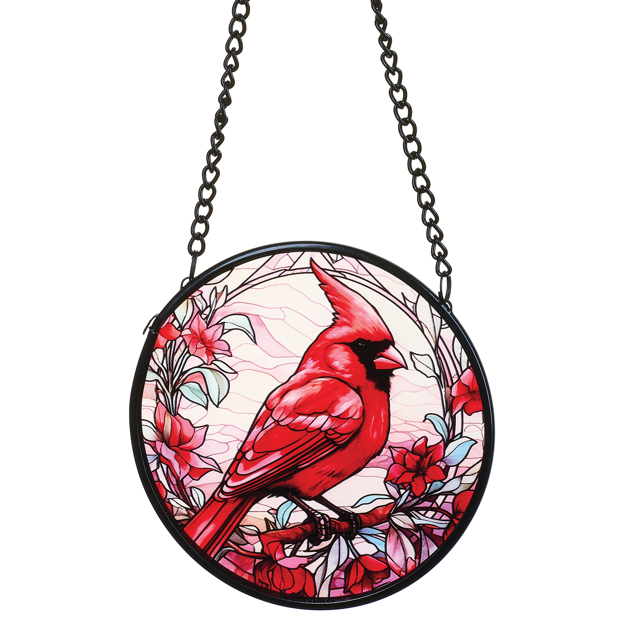 Cardinal & Poinsettias Stained Glass Round Ornament