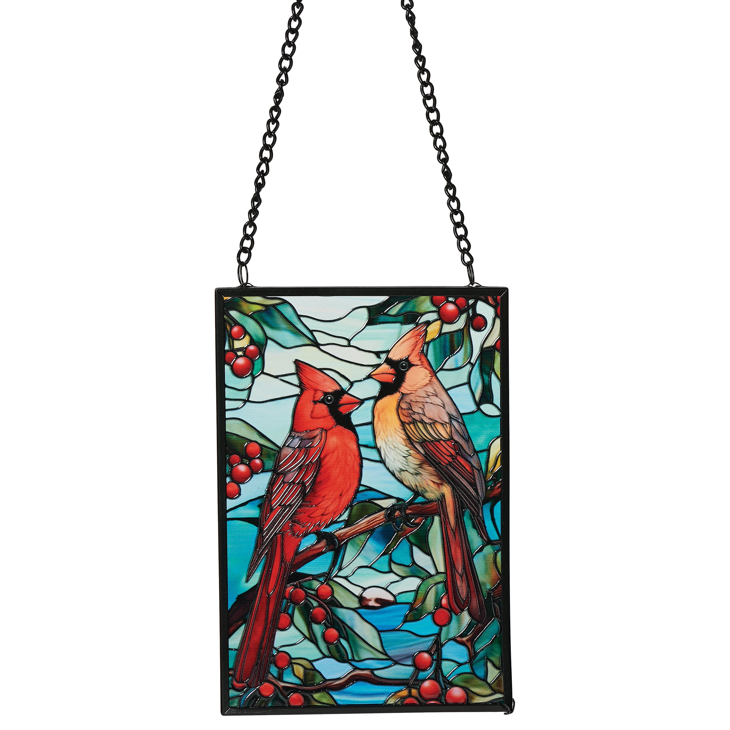 Cardinals with Holly Berries Stained Glass Ornament