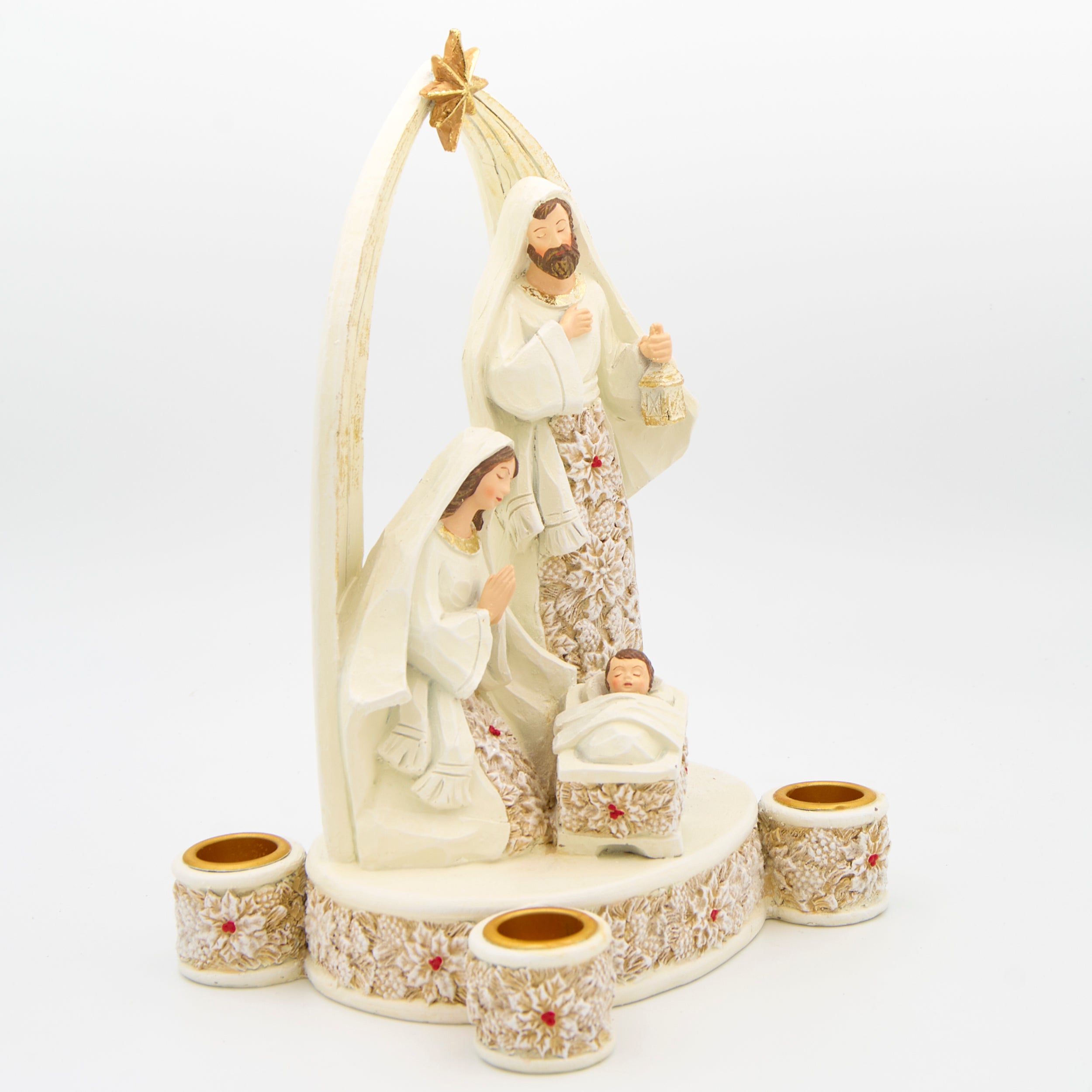 Holy Family with Poinsettia Accents Advent Candle Holder
