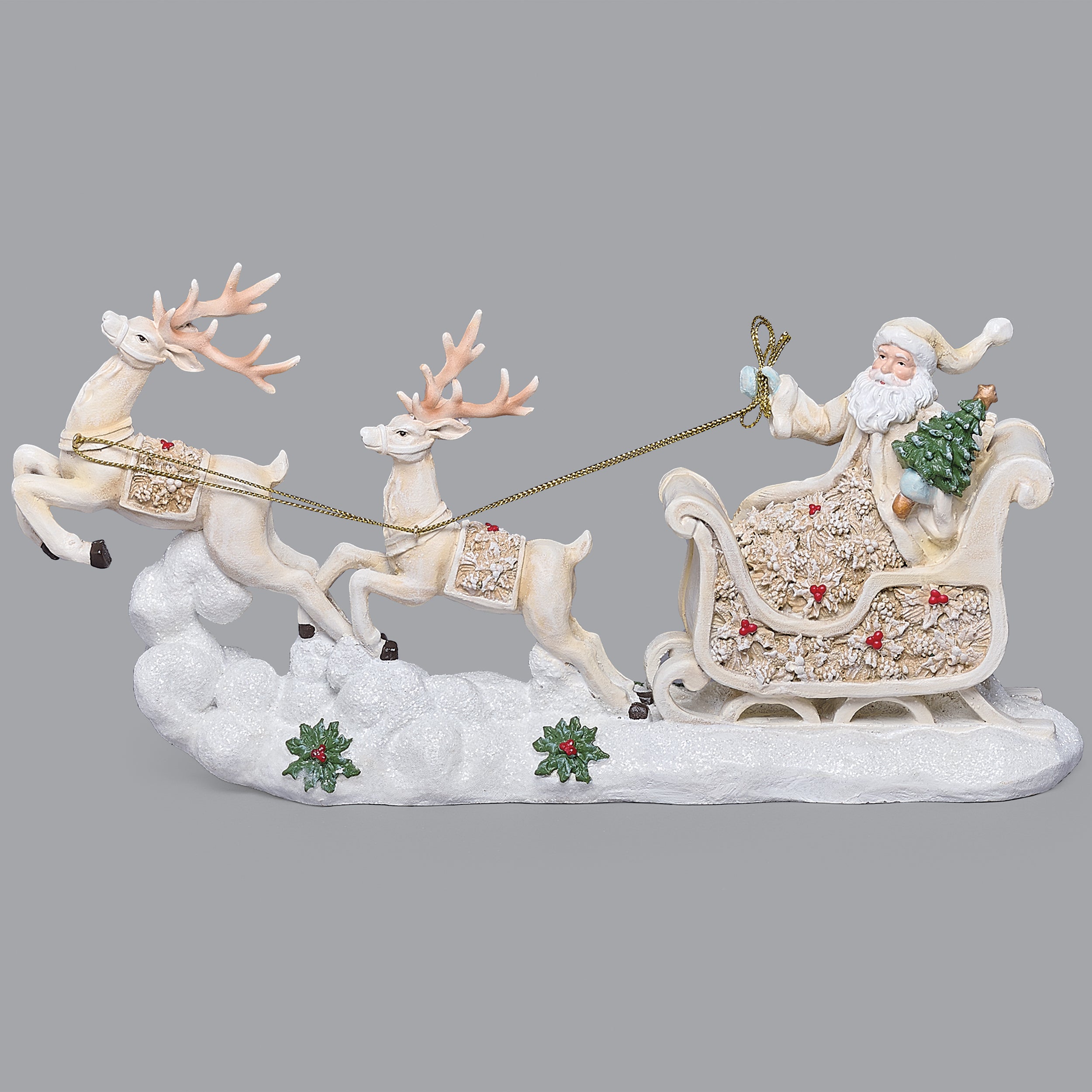 Santa in Poinsettia Sleigh with Two Reindeer