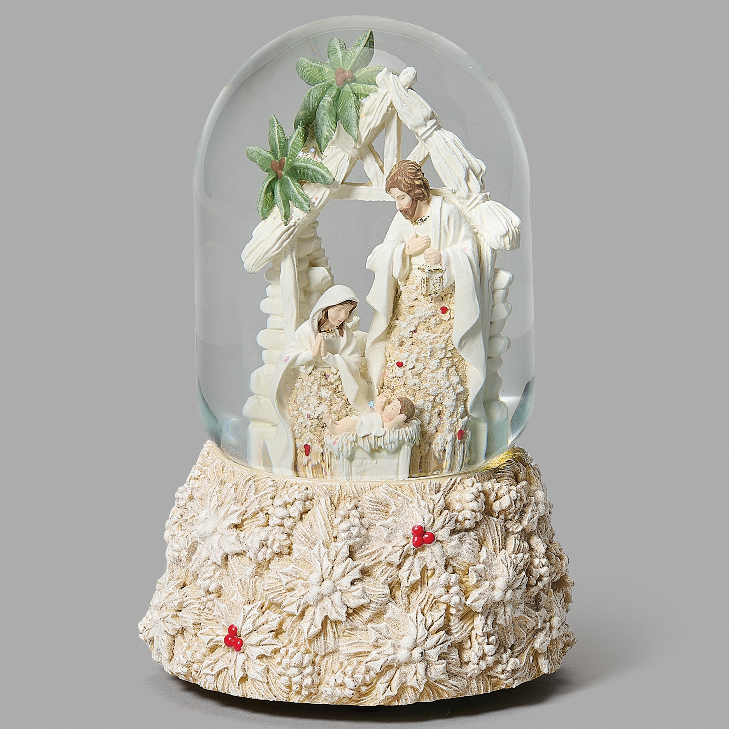 Glitterdome Holy Family with Poinsettia Accents - "Silent Night" Tune