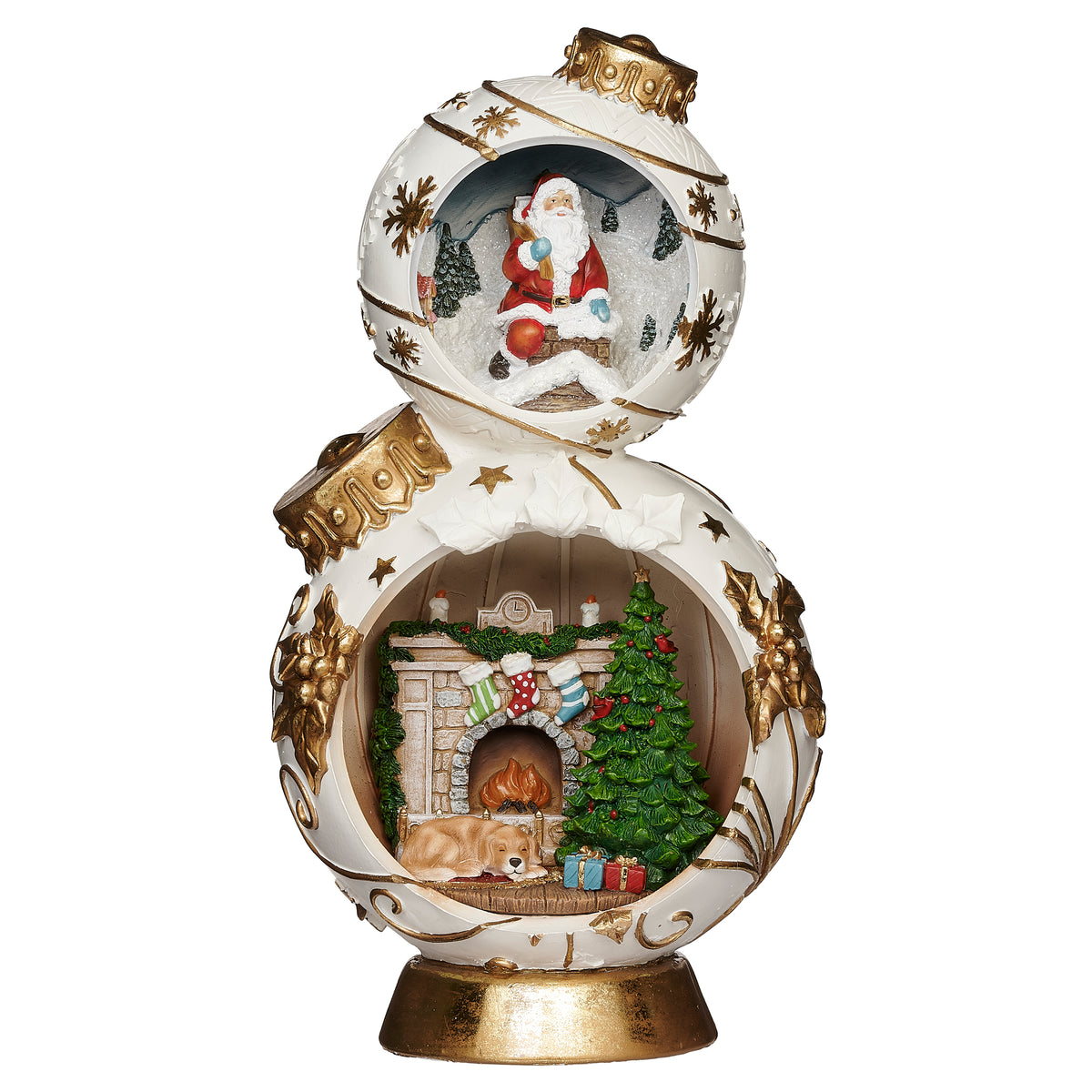 Christmas ornament tower featuring Santa above a festive fireplace and Christmas tree scene