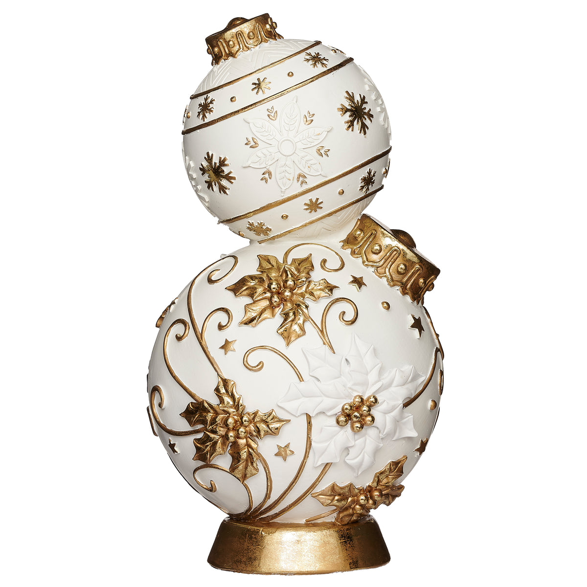 Back view of Christmas ornament tower with ornate gold stars and scrollwork