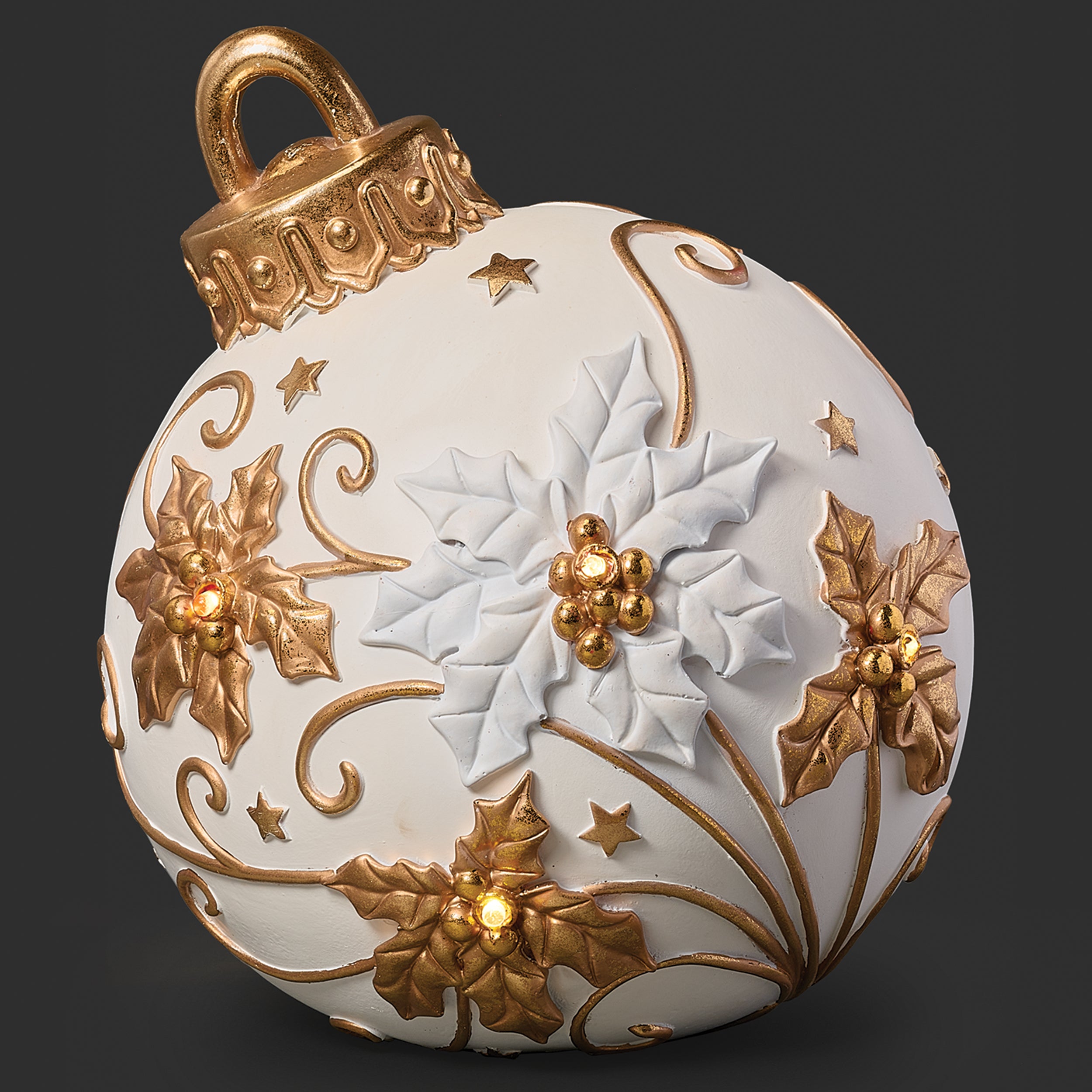 Elegant Lighted Ornament with White and Gold Poinsettias
