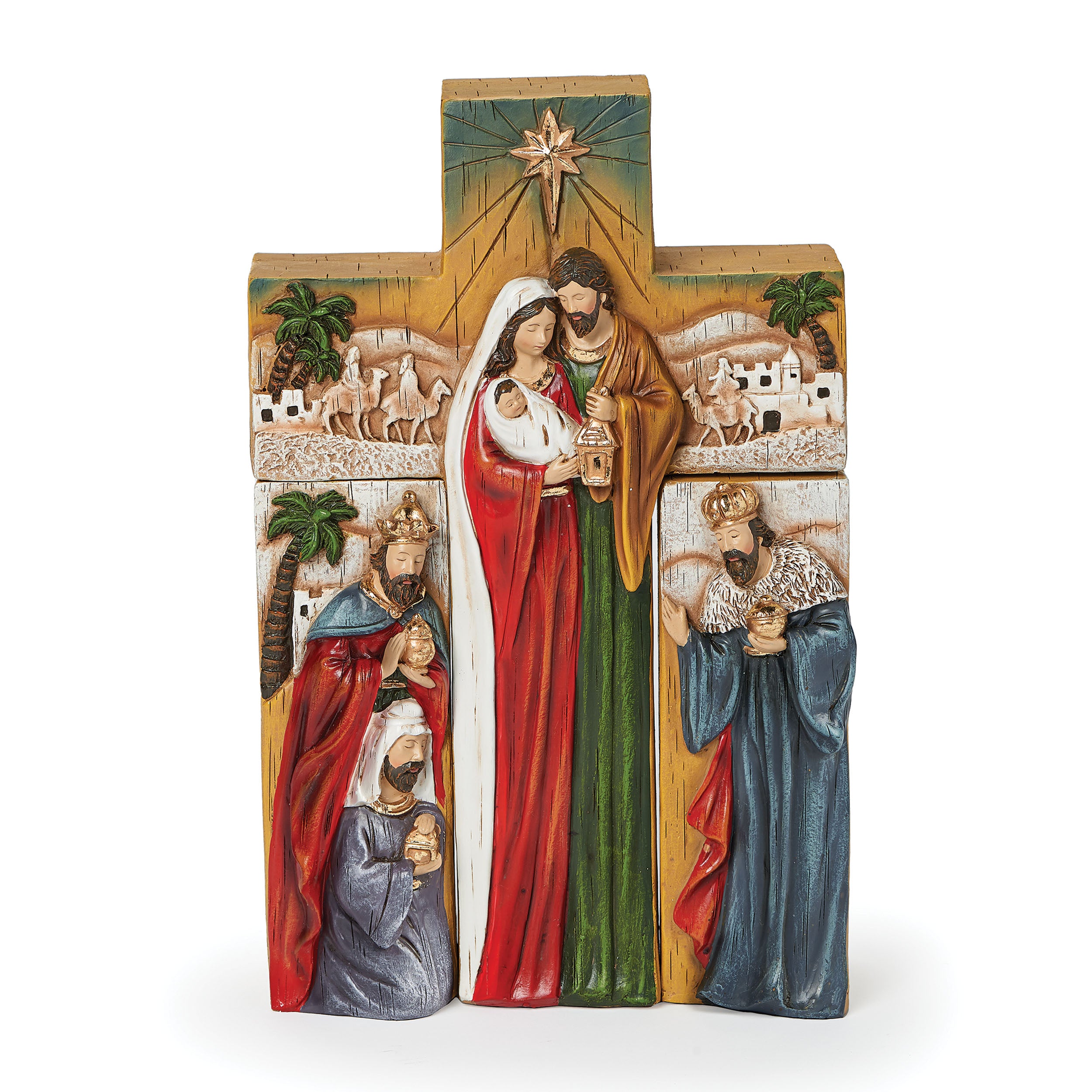 Decorative nativity scene with Mary, Joseph, baby Jesus, and the three kings.