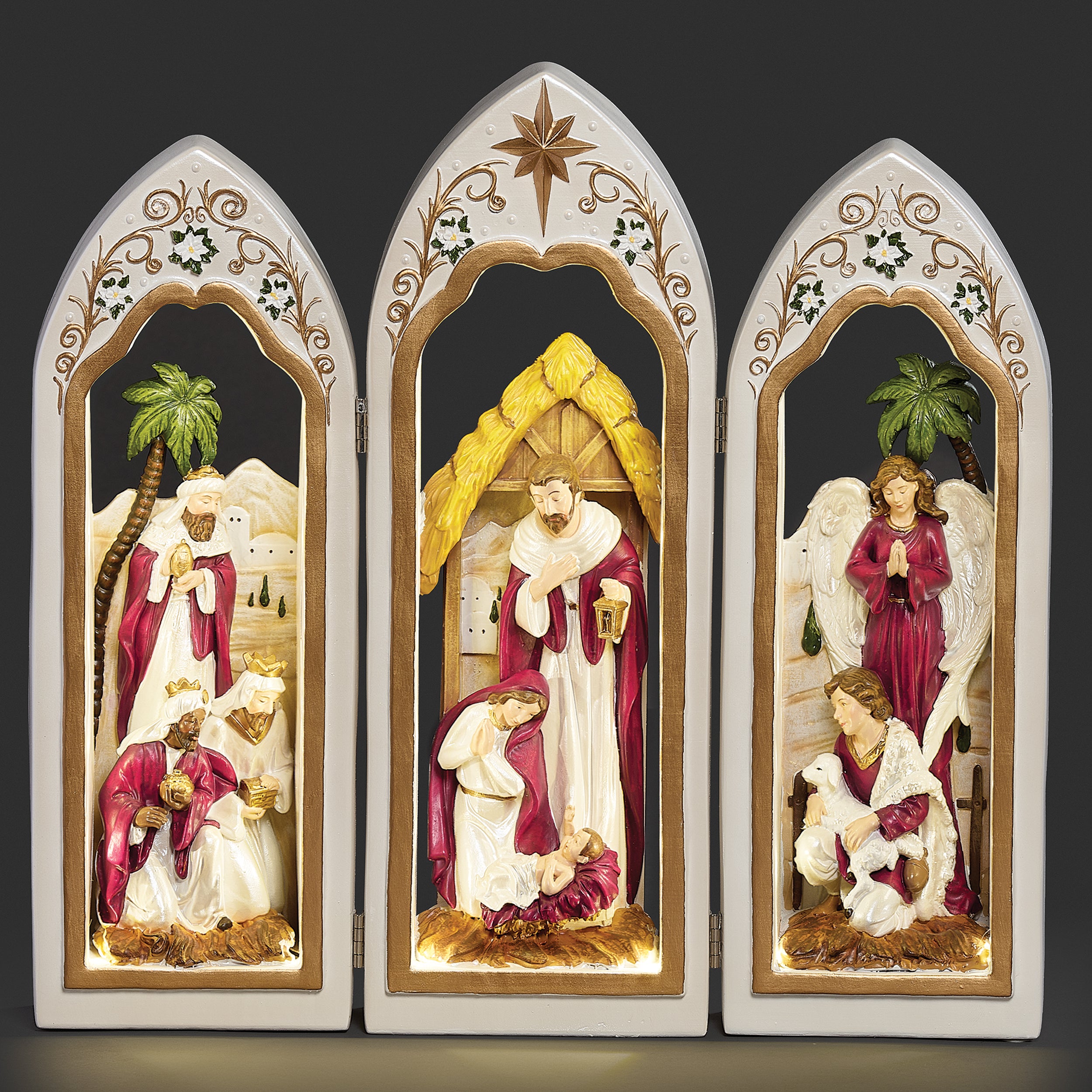 Lighted Holy Family Triptych with Pearlized Finish & Scrolls