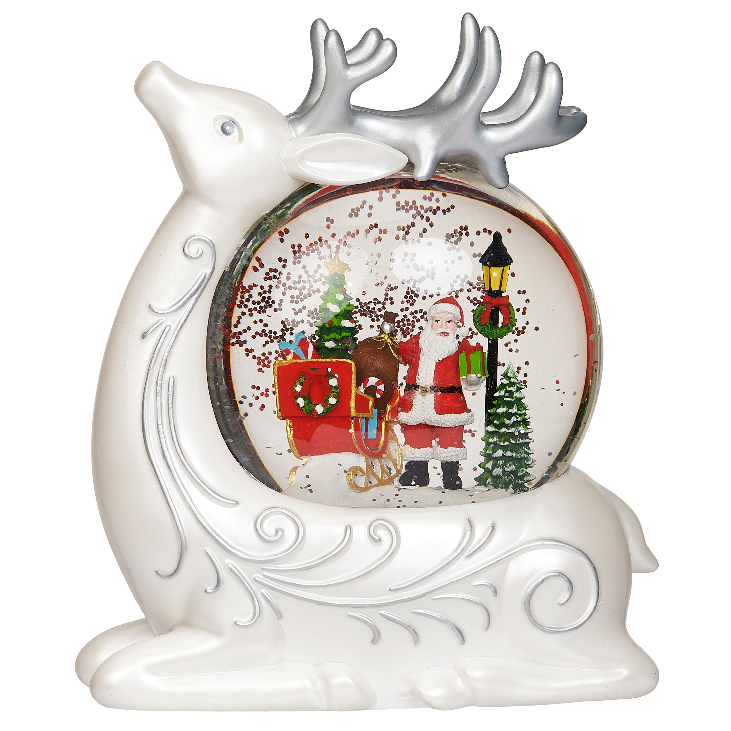 Glitterdome Lighted Swirl Reindeer with Santa & Sleigh Inside