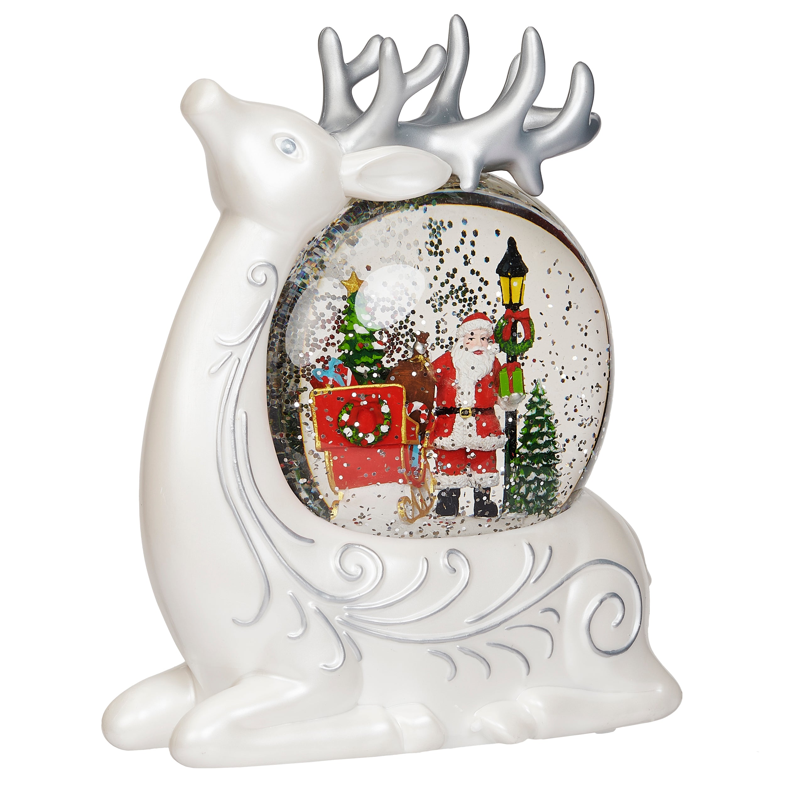 Glitterdome Lighted Swirl Reindeer with Santa & Sleigh Inside