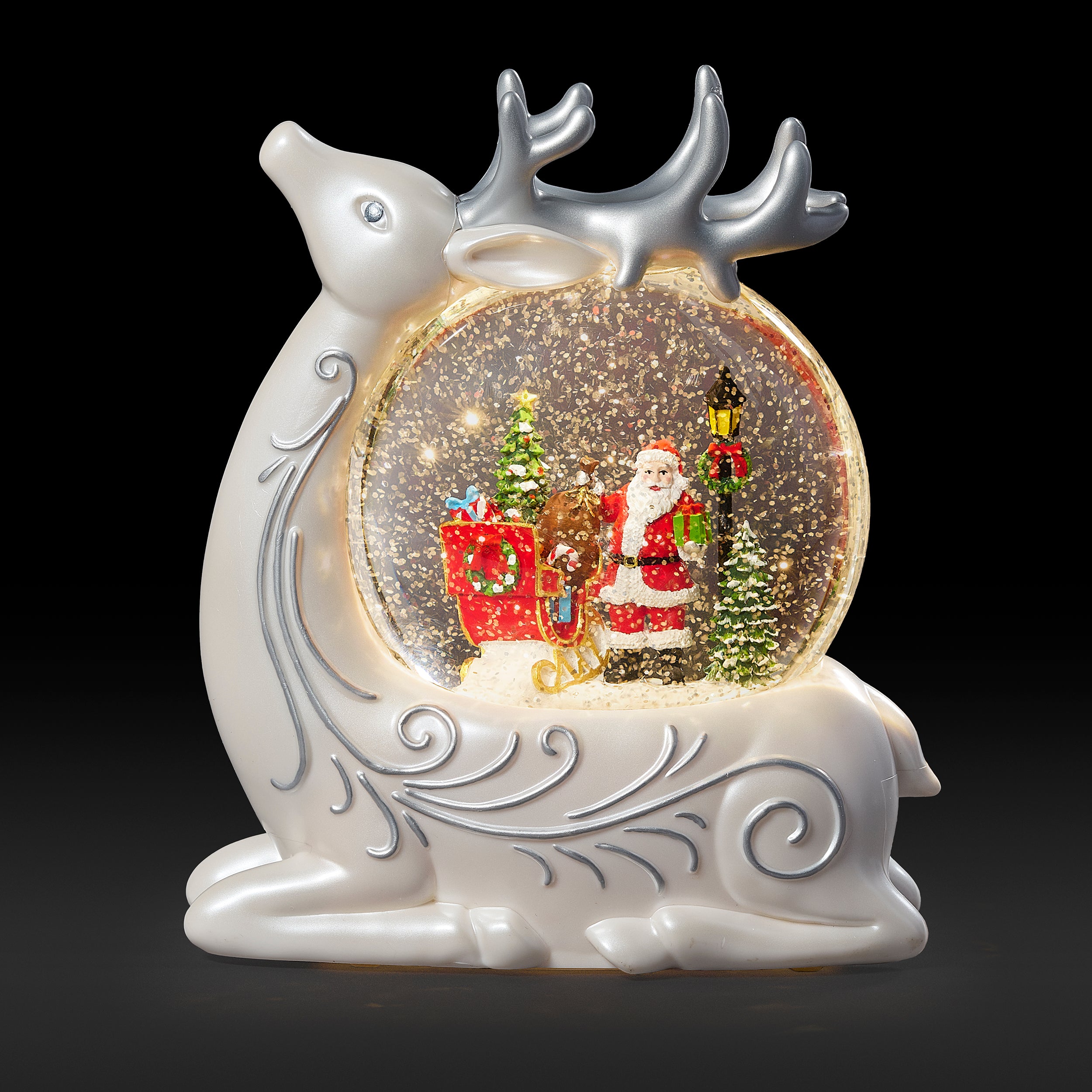 Glitterdome Lighted Swirl Reindeer with Santa & Sleigh Inside