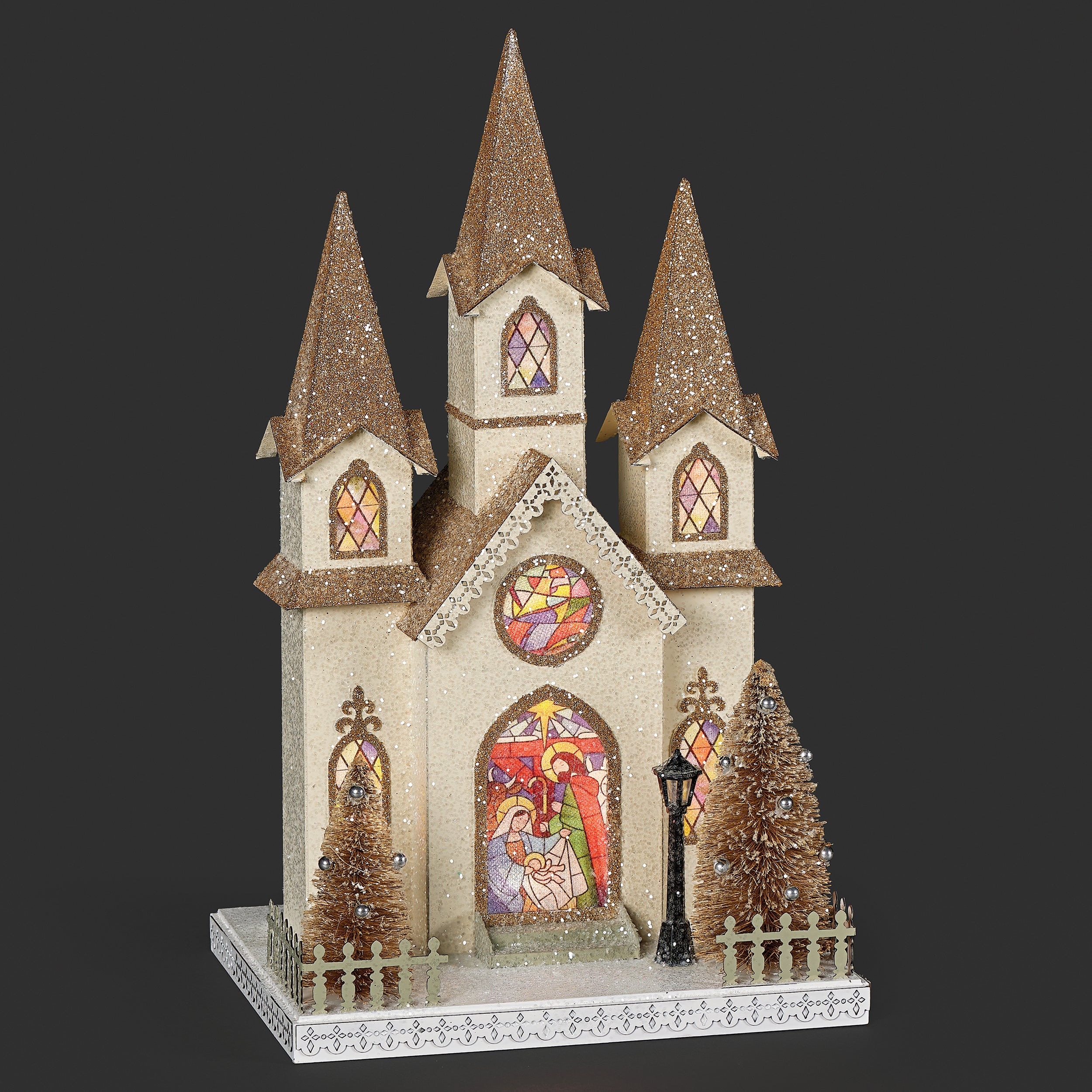 Lighted Church with Stained Glass Windows