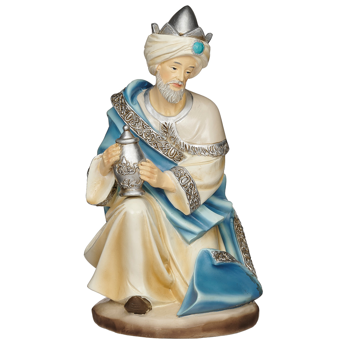 Celestial blue nativity kneeling Three King figure with gift