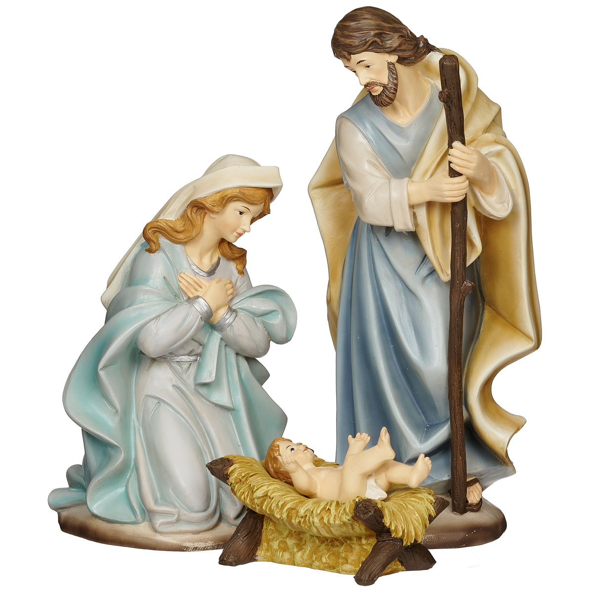 Mary and Joseph gathered around Baby Jesus in celestial blue nativity set