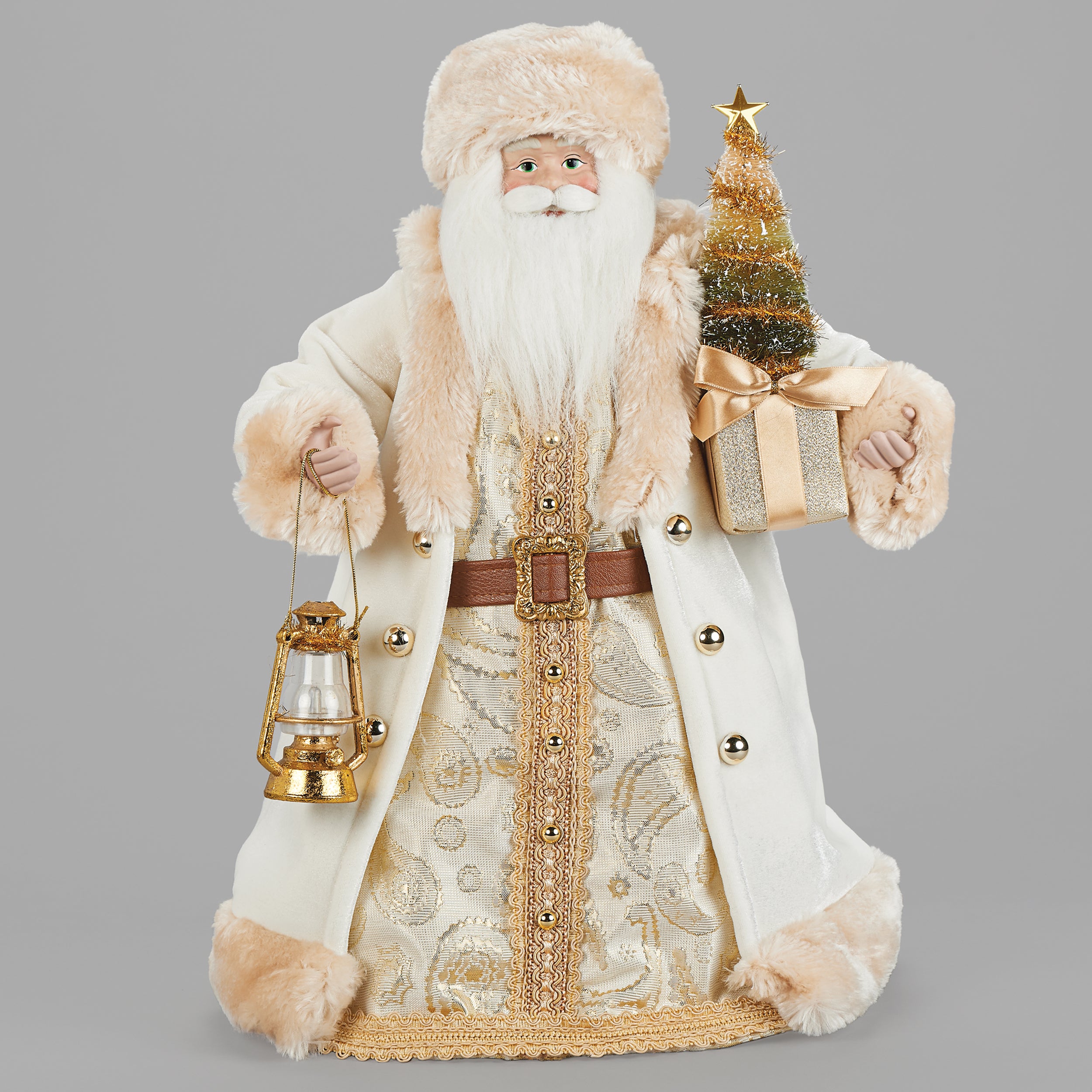 Ivory & Gold Santa with Christmas Tree & Lantern Treetopper