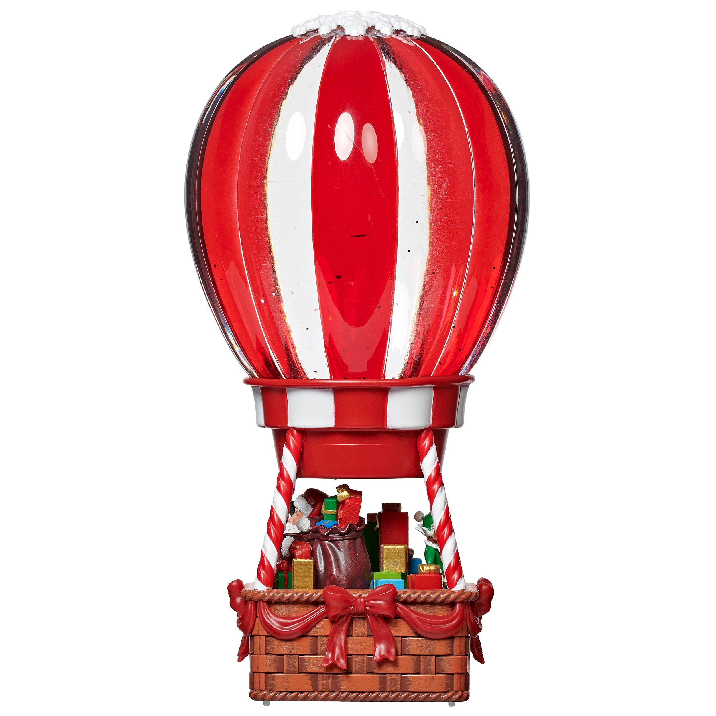 Decorative hot air balloon with red and white striped design and a basket on a white background