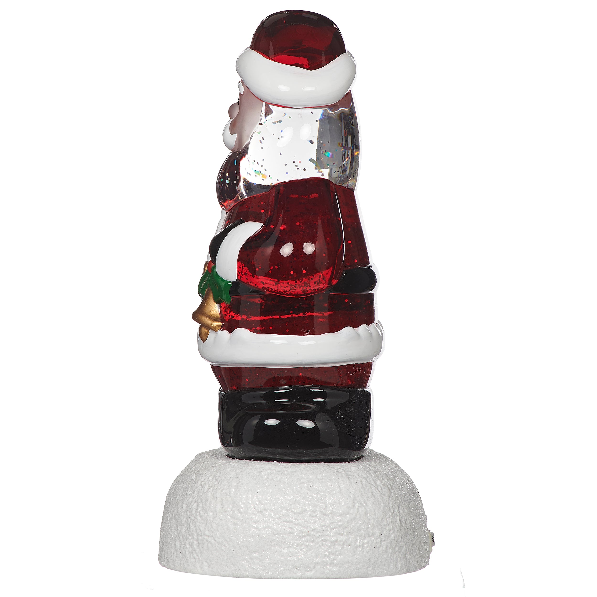 Santa Claus on a snow-like podium with sparkling glitter inside on white background