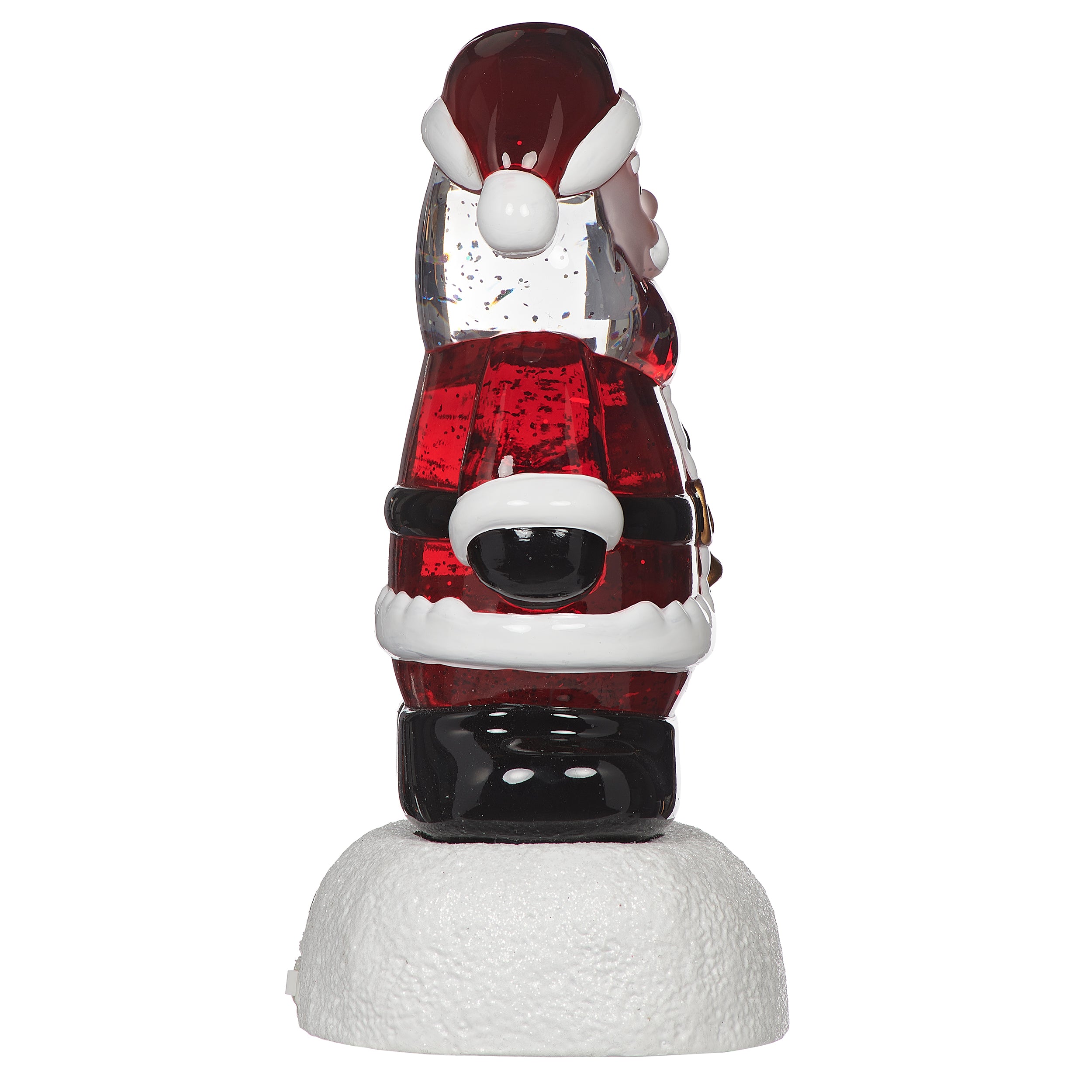 Santa Claus on a snow-like podium with sparkling glitter inside on white background