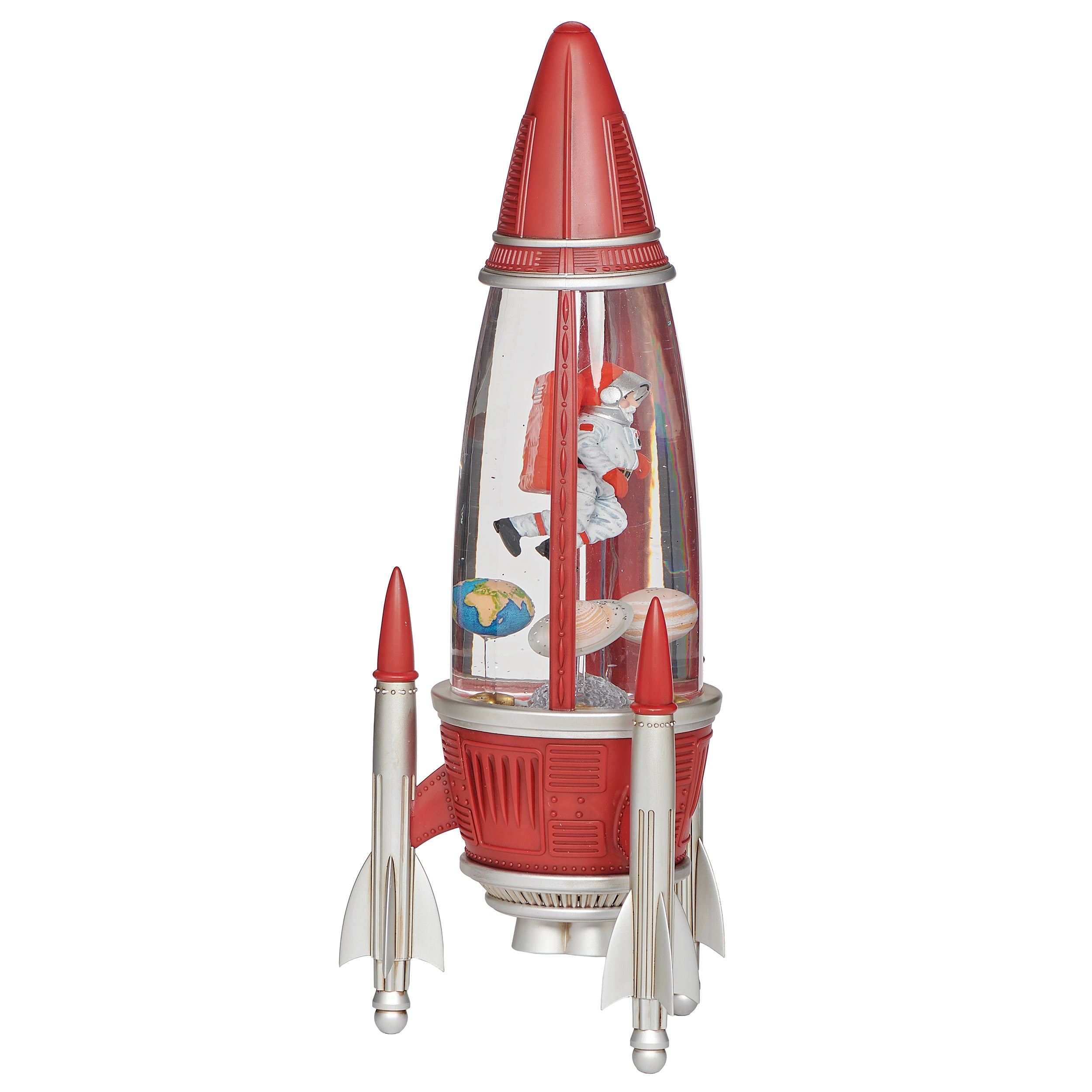 Red rocket-shaped lamp with Santa astronaut and space elements on a white background