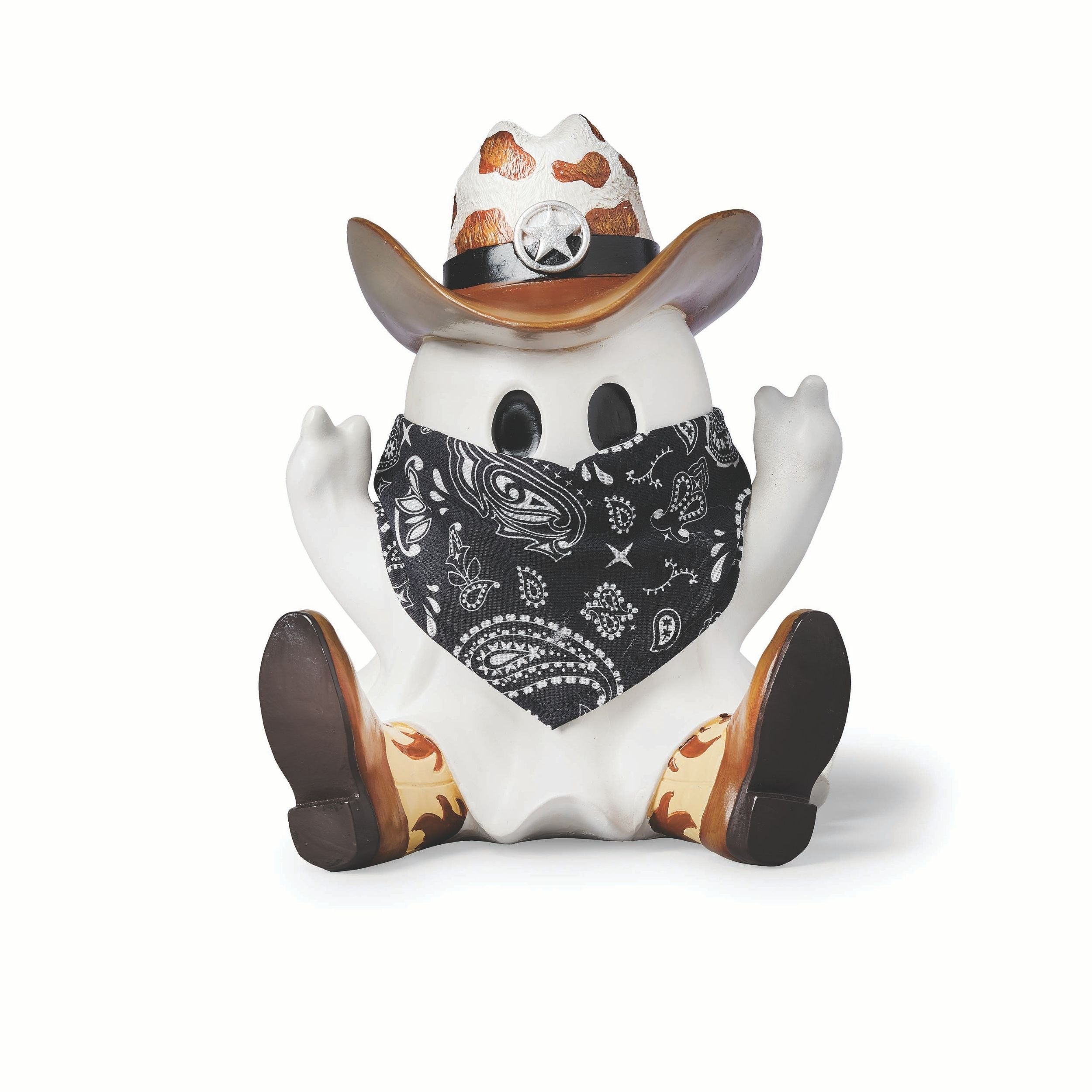 Decorative figurine of a ghost wearing a cowboy hat and bandana on a white background