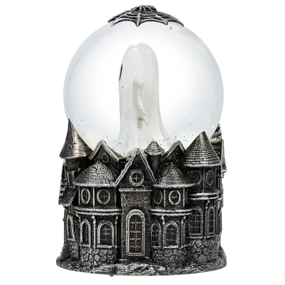 Lighted swirl ghost with haunted house base, front view