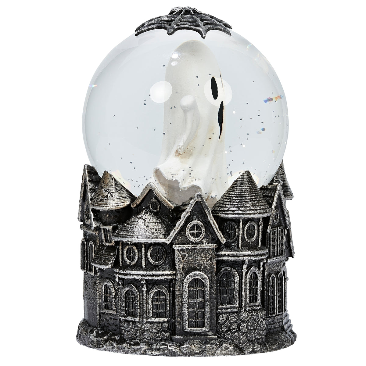 Lighted swirl ghost with haunted house base, side angled view