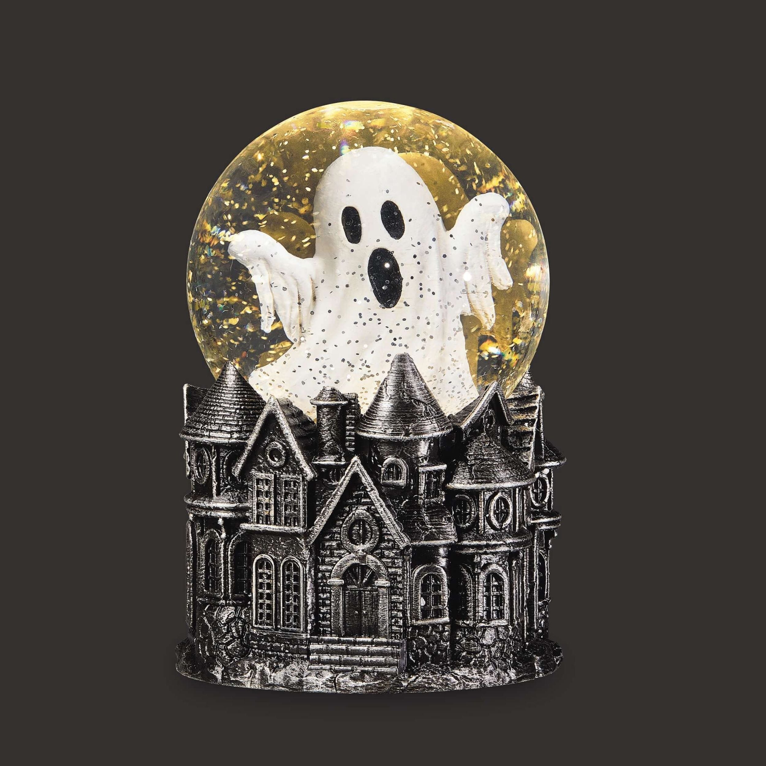 Halloween-themed glitterdome with a ghost and haunted house on a dark background