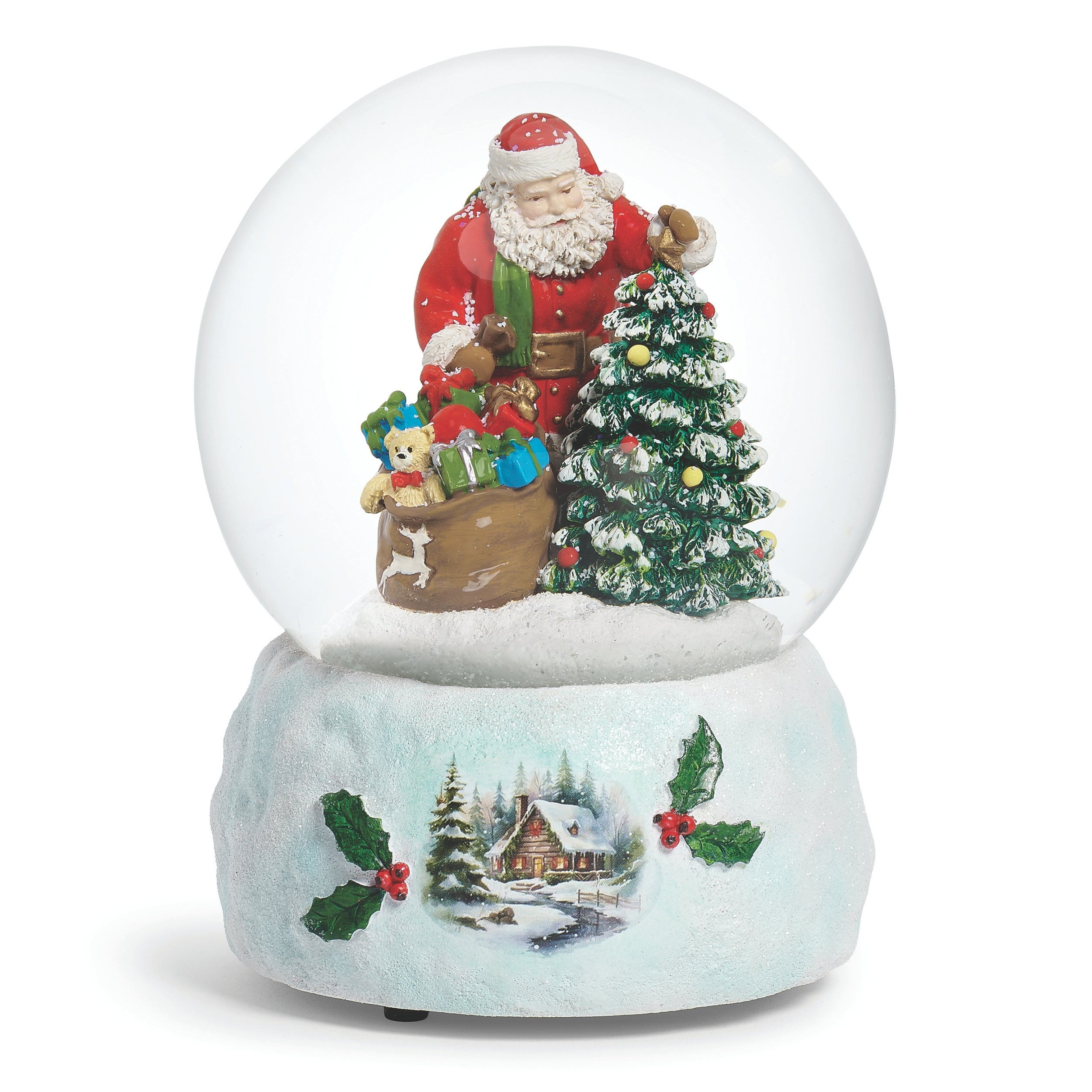 Christmas snow globe with Santa Claus, tree, and gifts on a white background