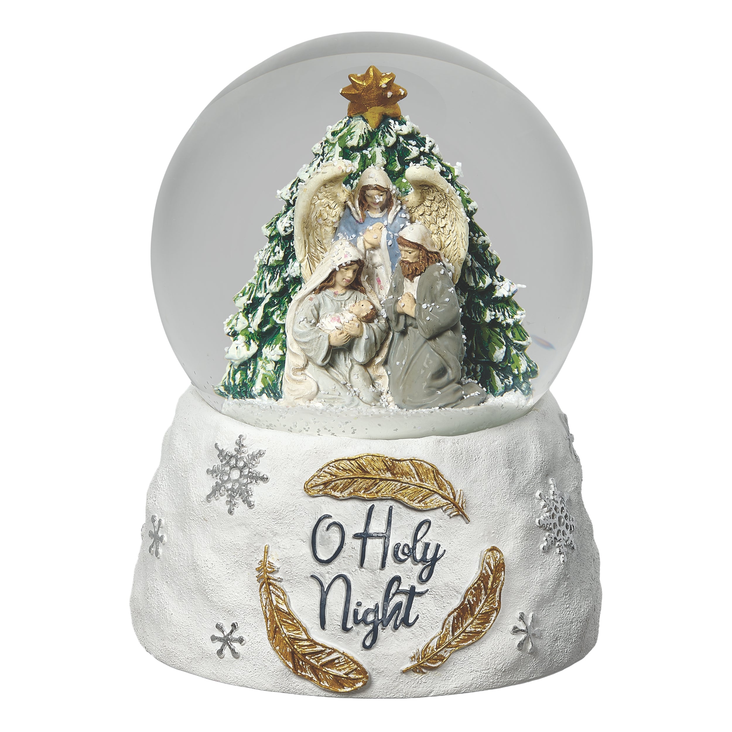 Christmas snow globe with nativity scene and 'O Holy Night' text on a white background