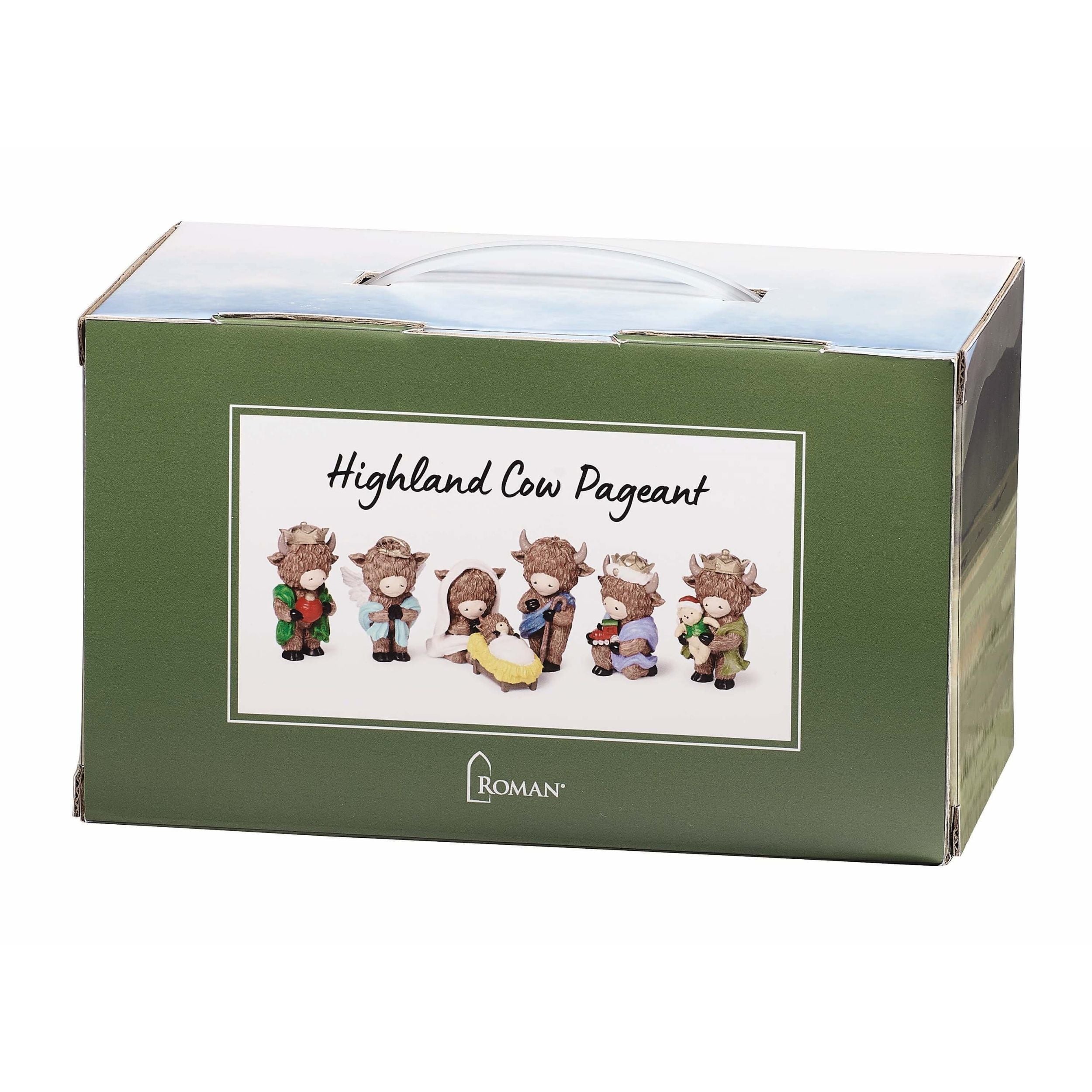 Box packaging for 'Highland Cow Pageant' Nativity Sets with a picture of the set