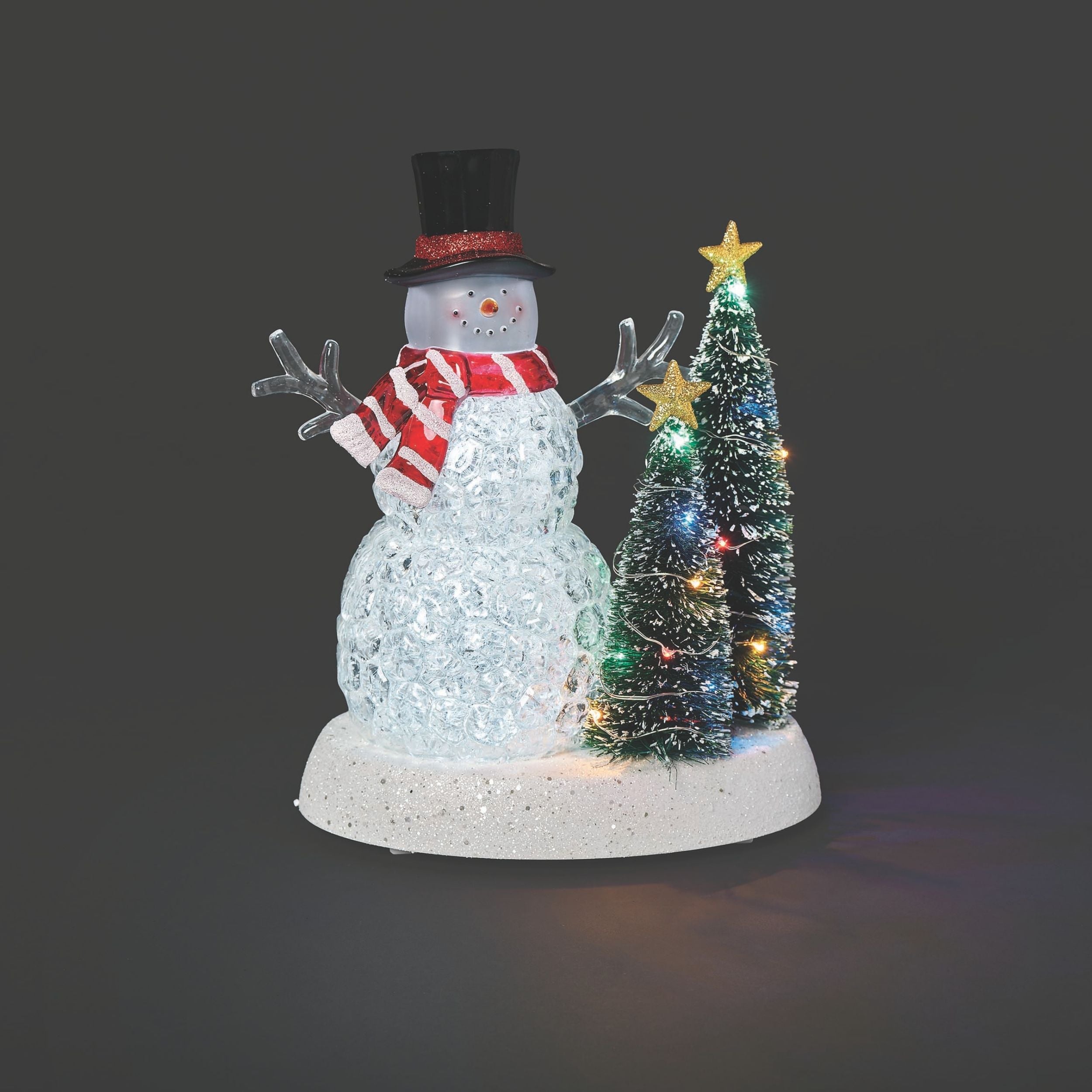 Decorative snowman with a top hat and scarf next to a small Christmas tree on a dark background