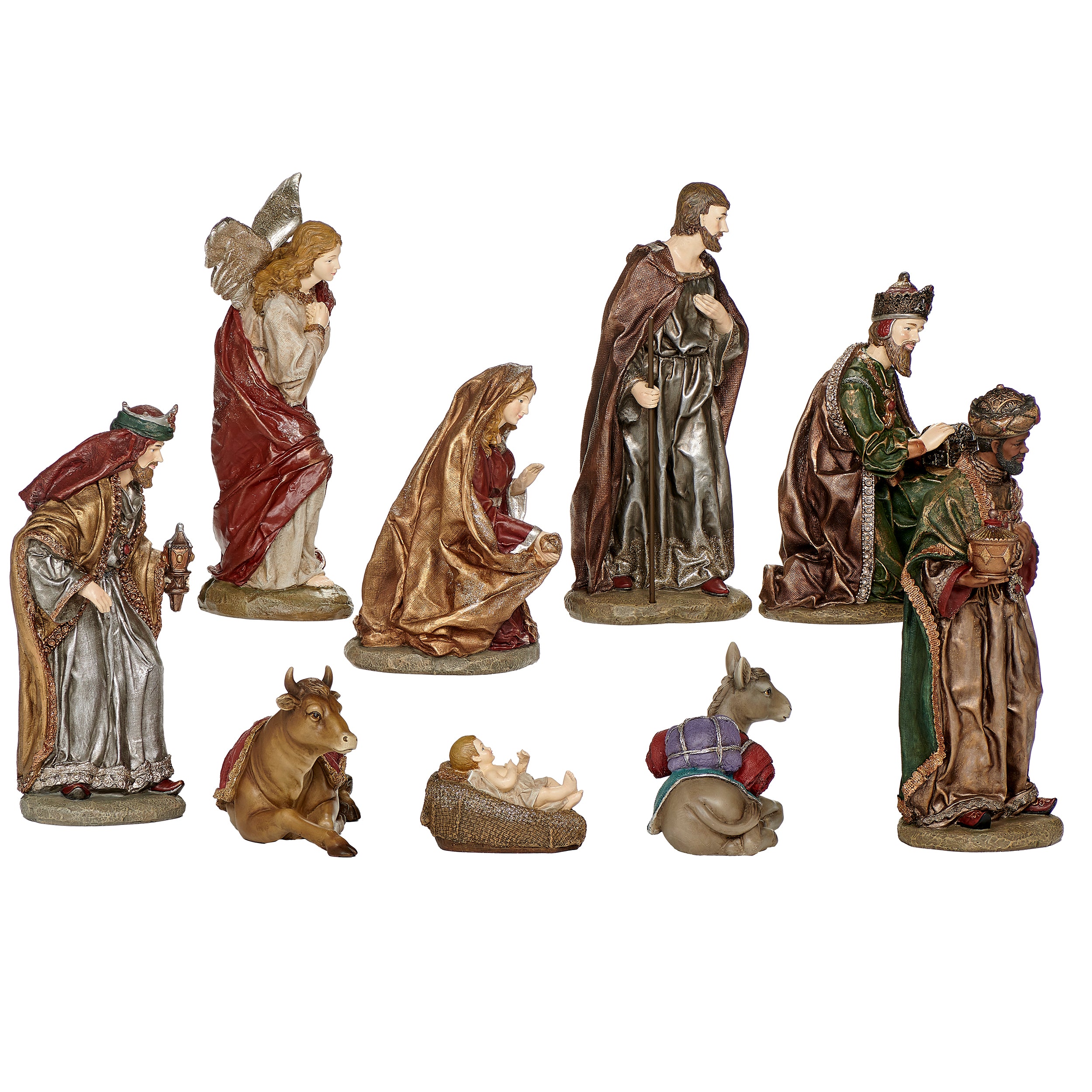 Set of nativity scene figurines on a white background
