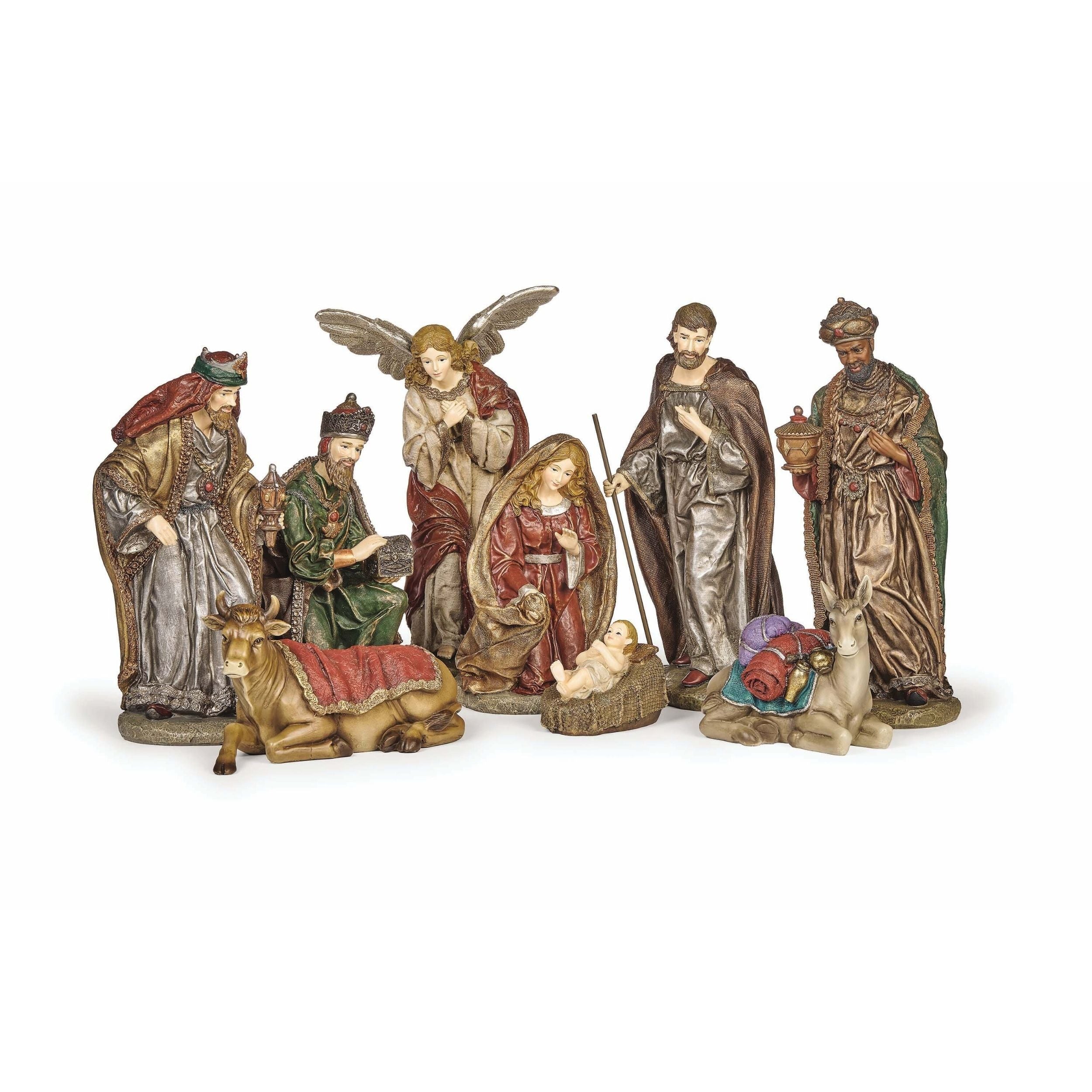 Set of nativity scene figurines on a white background