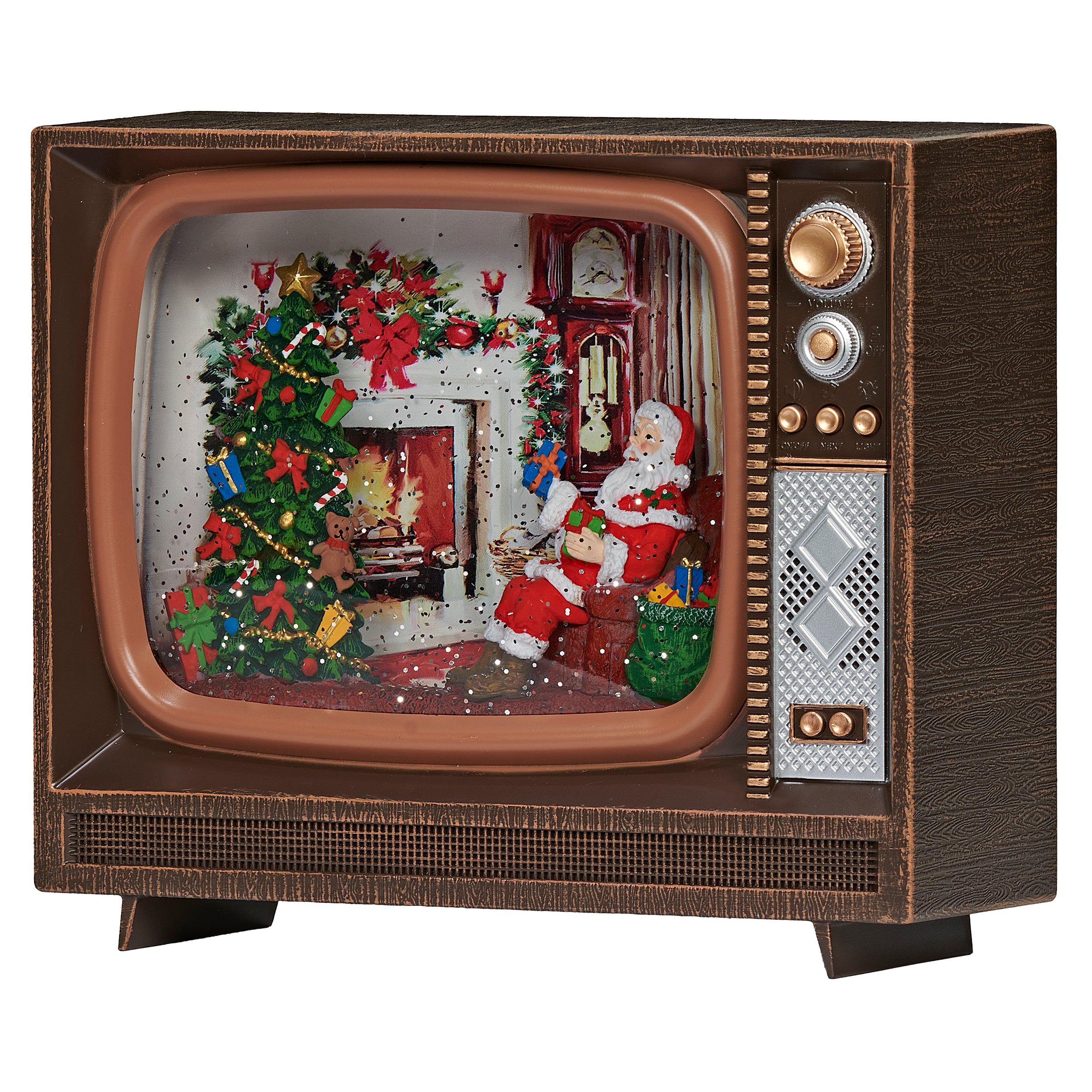 Vintage-style television set with a Christmas scene inside, featuring a tree and Santa Claus.