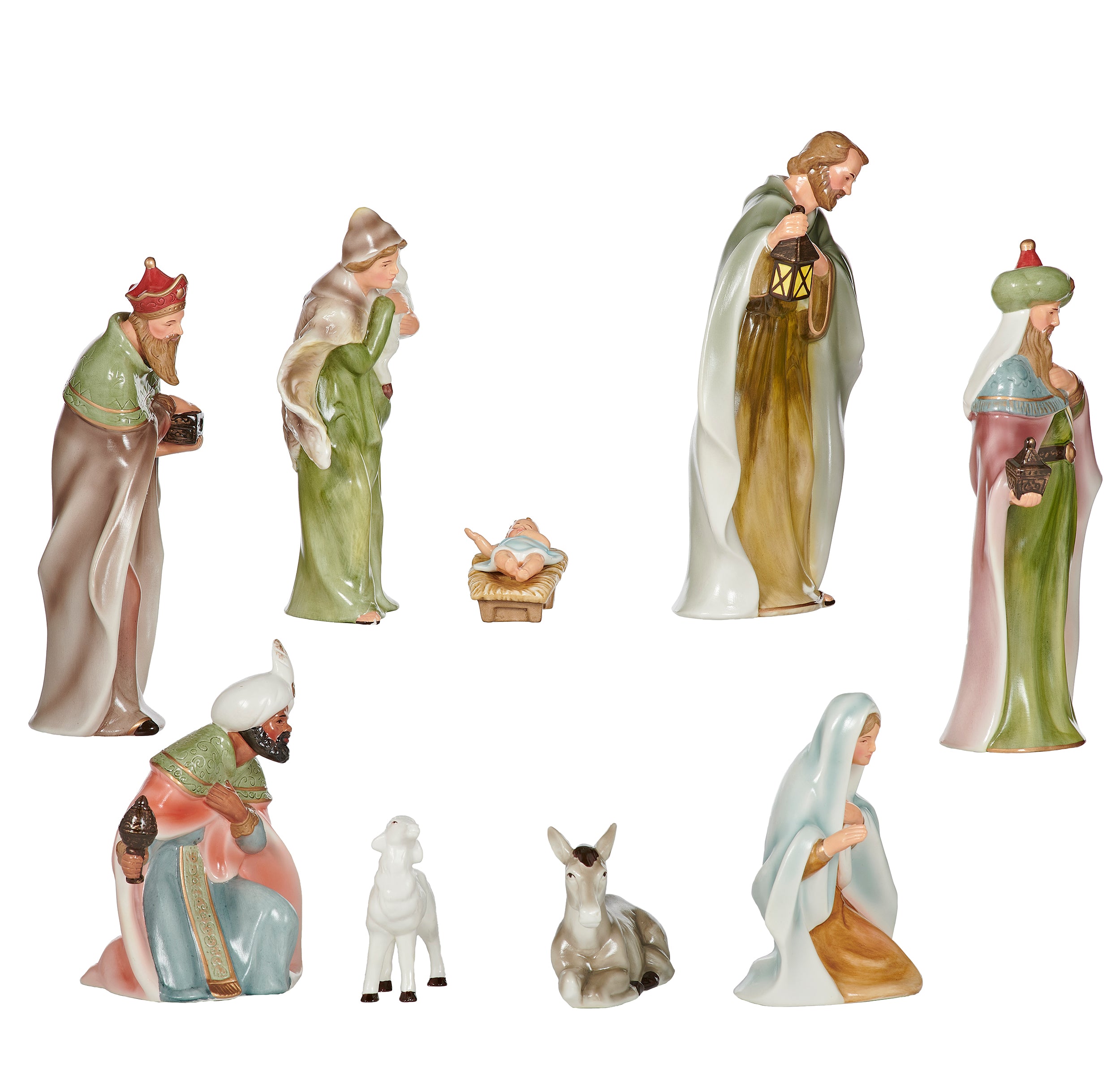 Nativity scene figurines set on a white background