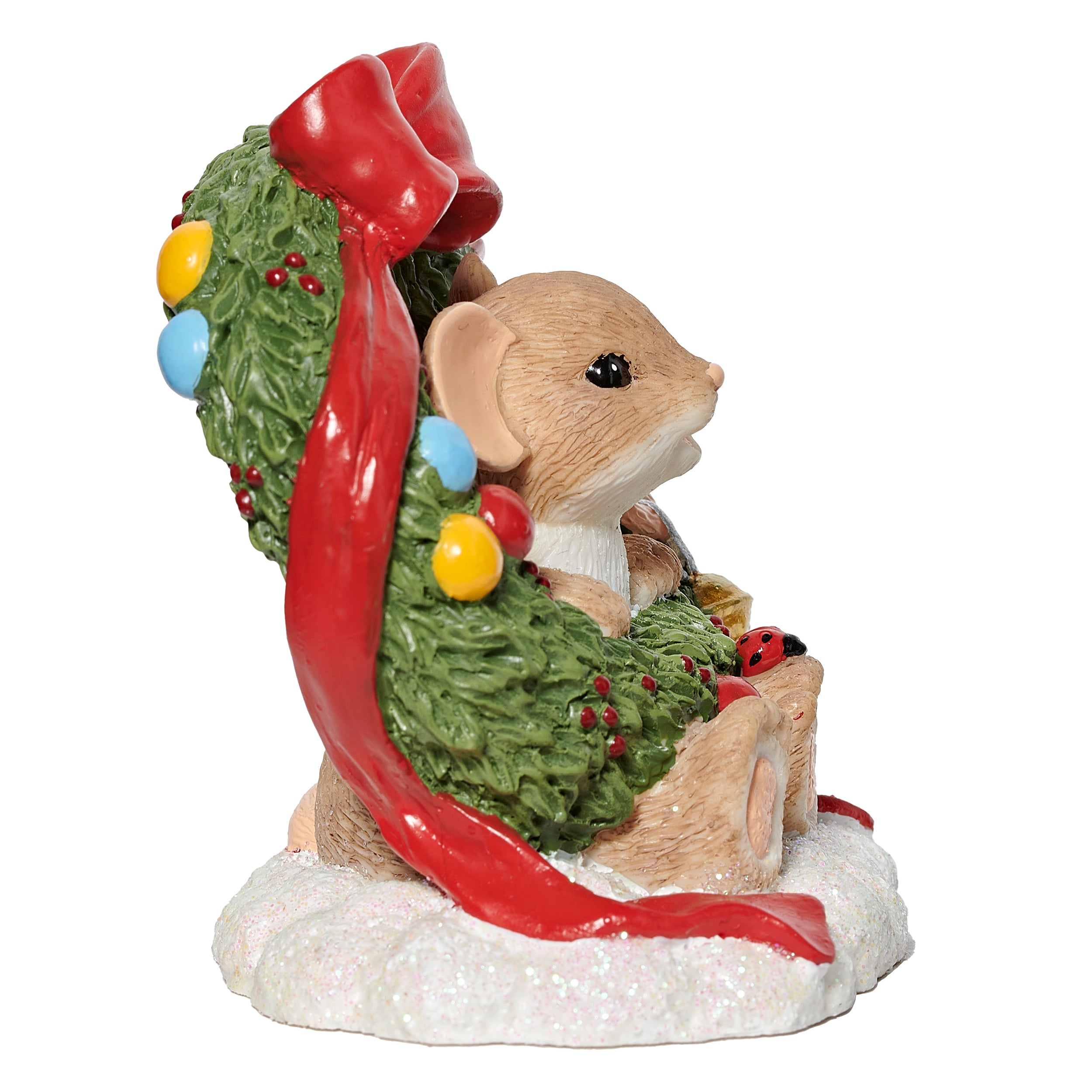 Decorative figurine of a mouse in a Christmas wreath