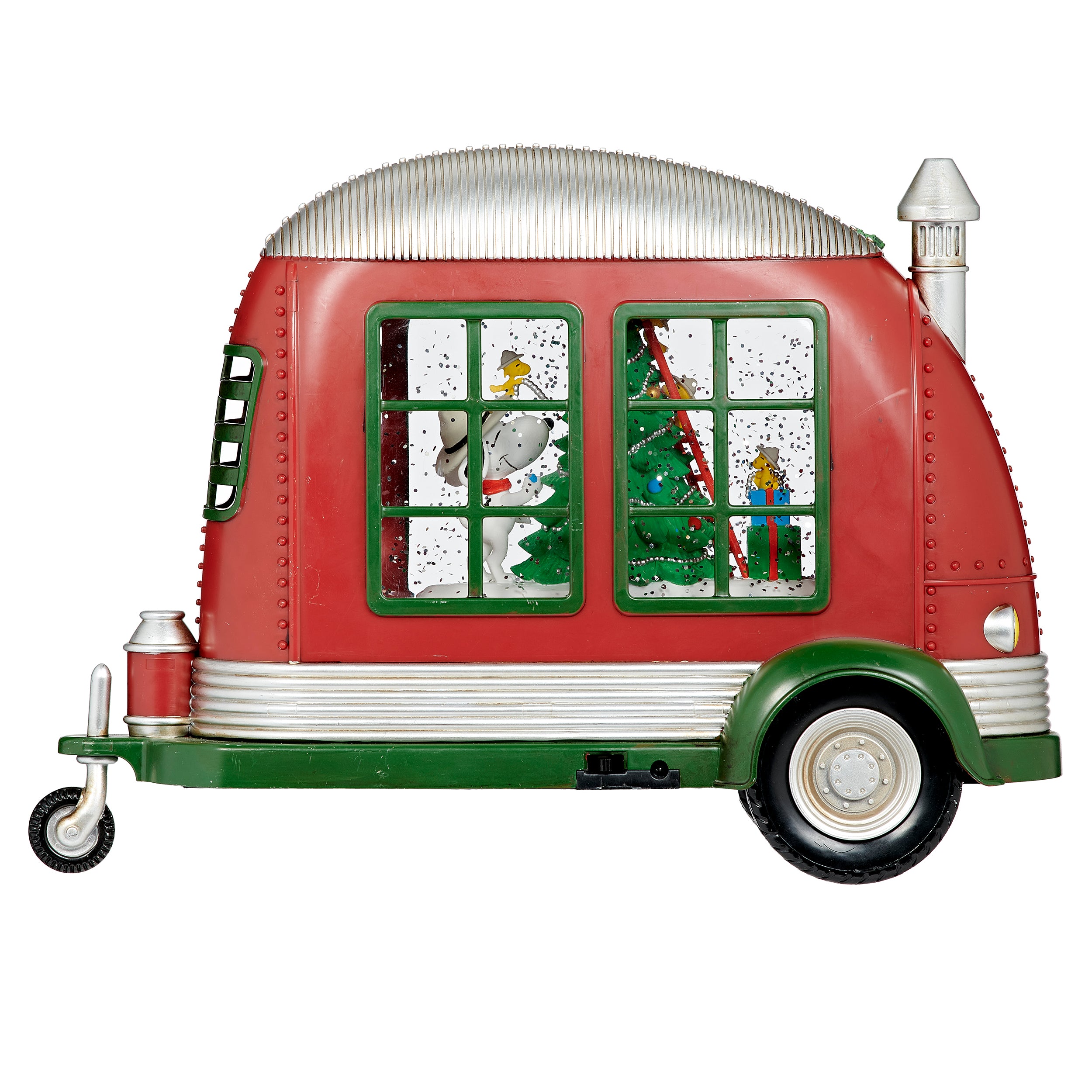 Decorative red and green camper with a tree, Snoopy, and yellow birds